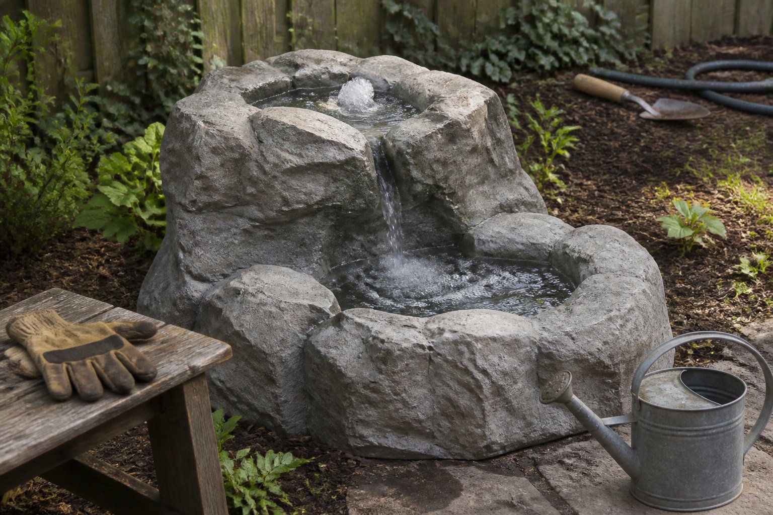 Backyard scene featuring a bubbling Adirondack rock water feature with a submersible pump, surrounded by garden tools and gloves.