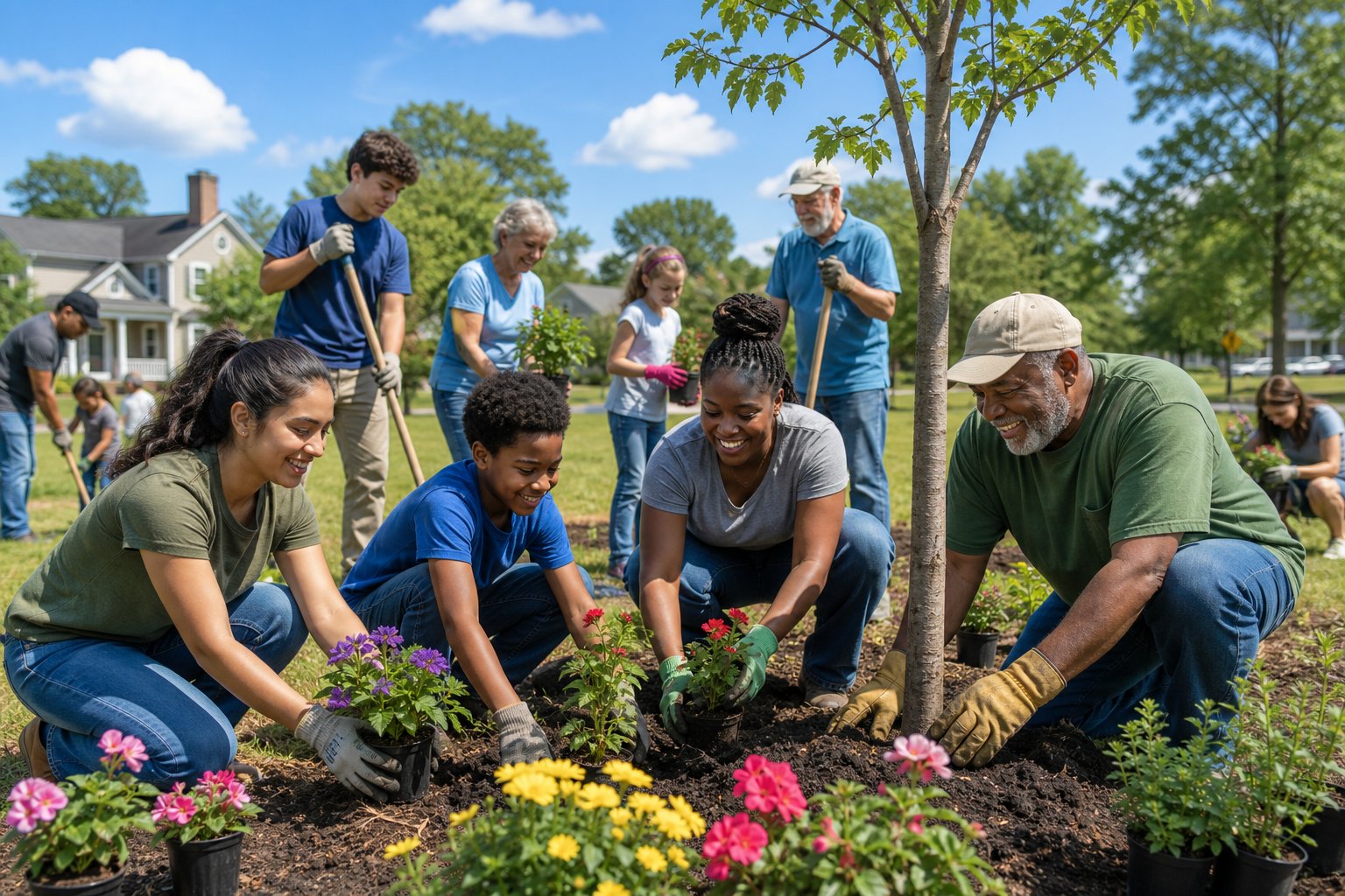 A diverse group of community members planting trees and flowers together in a park in Rockingham, North Carolina.