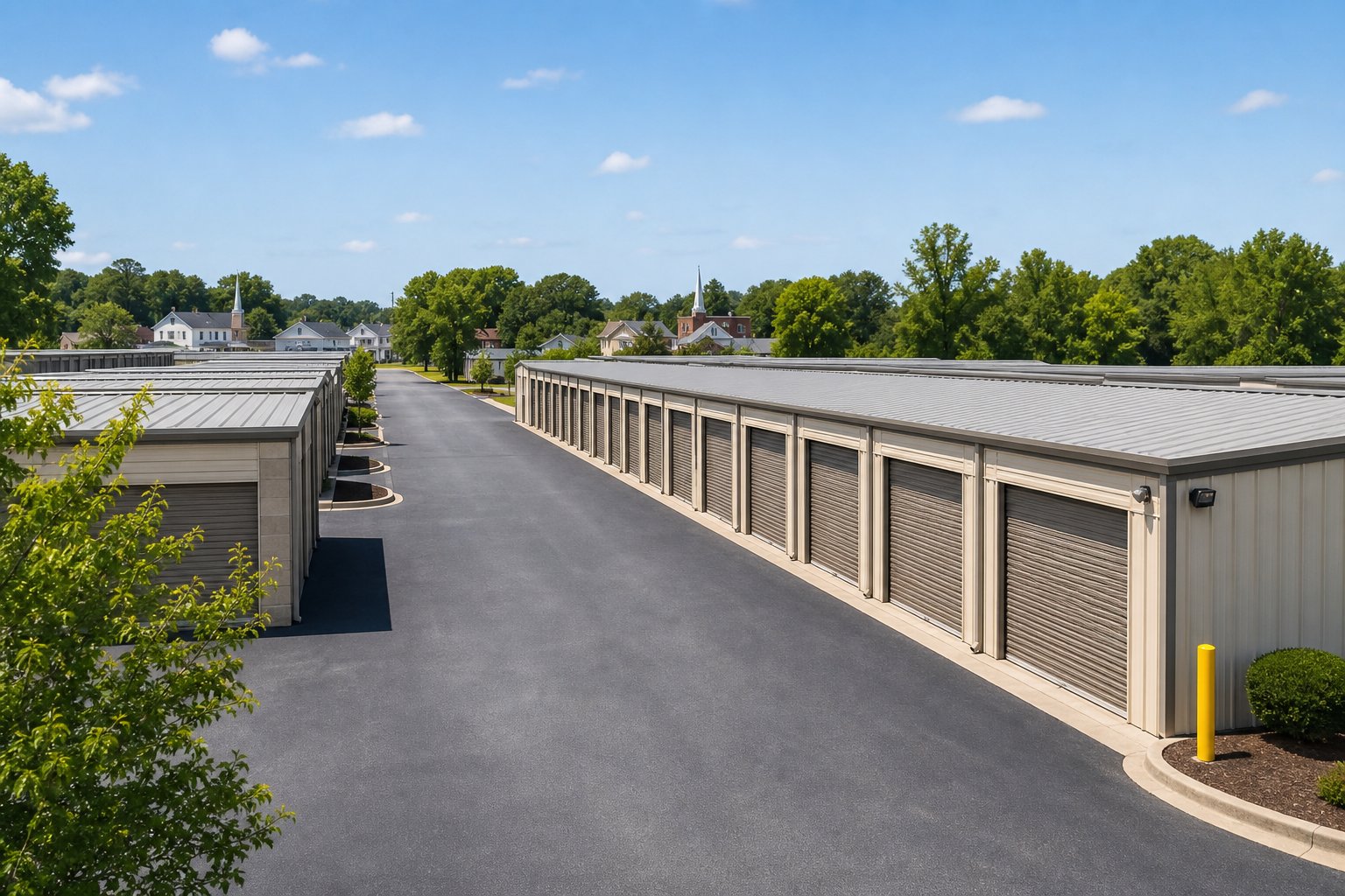 Rows of clean storage units with roll-up doors at an outdoor facility surrounded by trees under a clear blue sky.