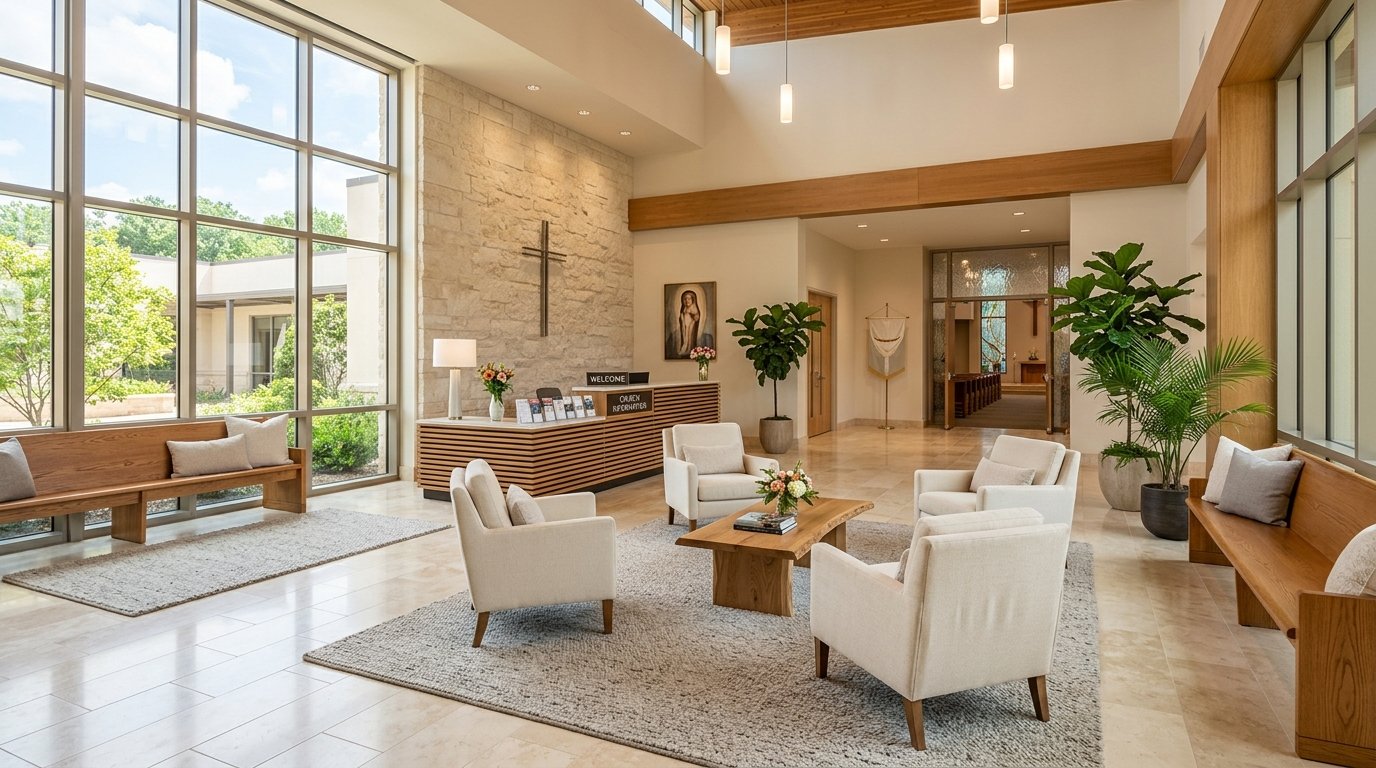 A spacious church foyer and lobby with seating, plants, large windows, and a reception desk.