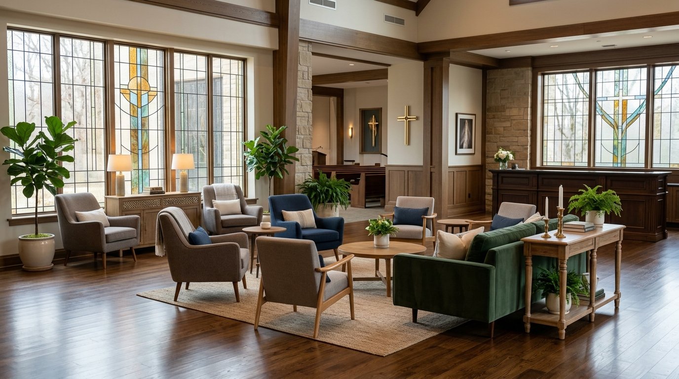 A church foyer and lobby area with elegant seating arrangements including chairs and sofas, warm lighting, and decorative plants.