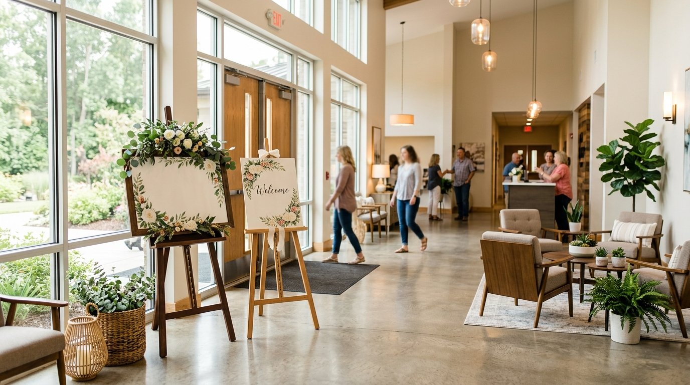 A church foyer with personalized welcome signs on wooden easels, potted plants, seating areas, and natural light creating a warm and inviting atmosphere.