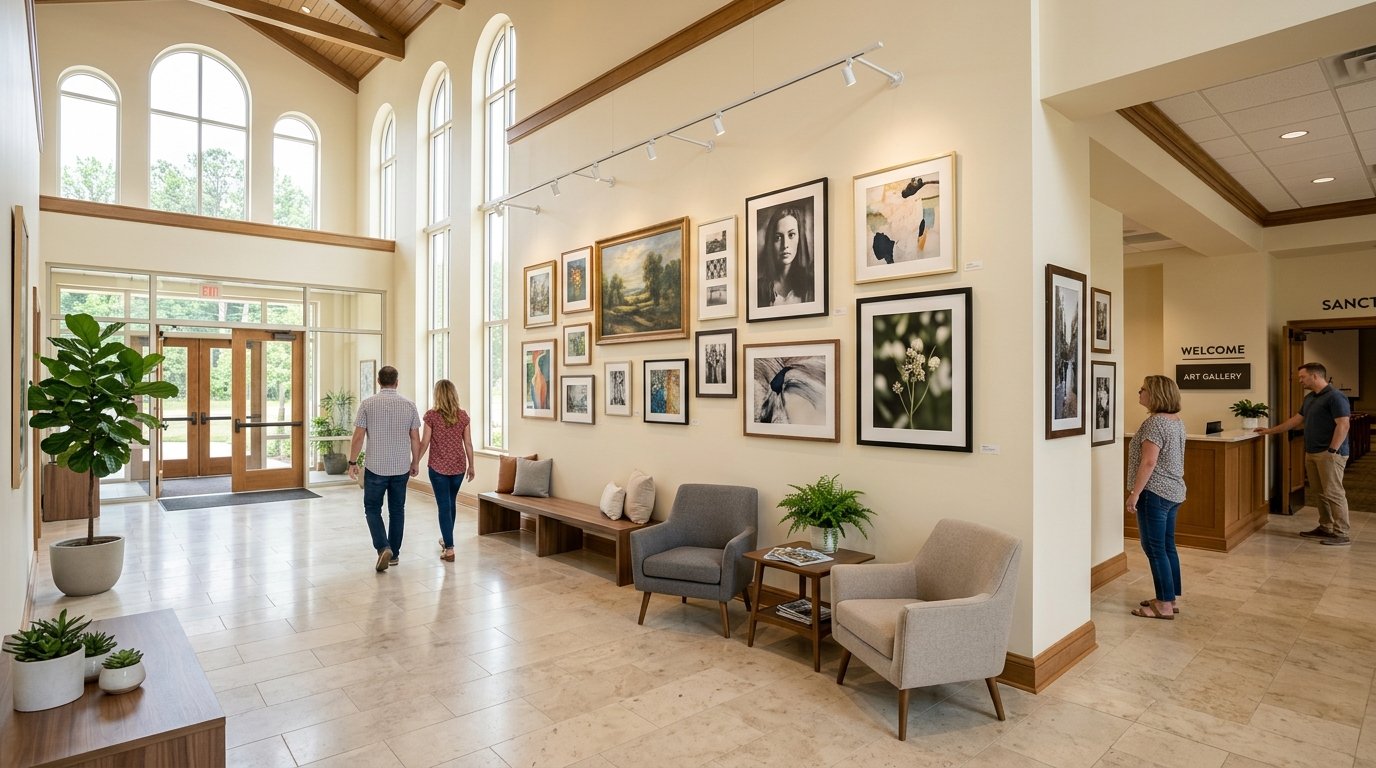 A church foyer with framed art displays on the walls, seating areas, and natural light coming through large windows.