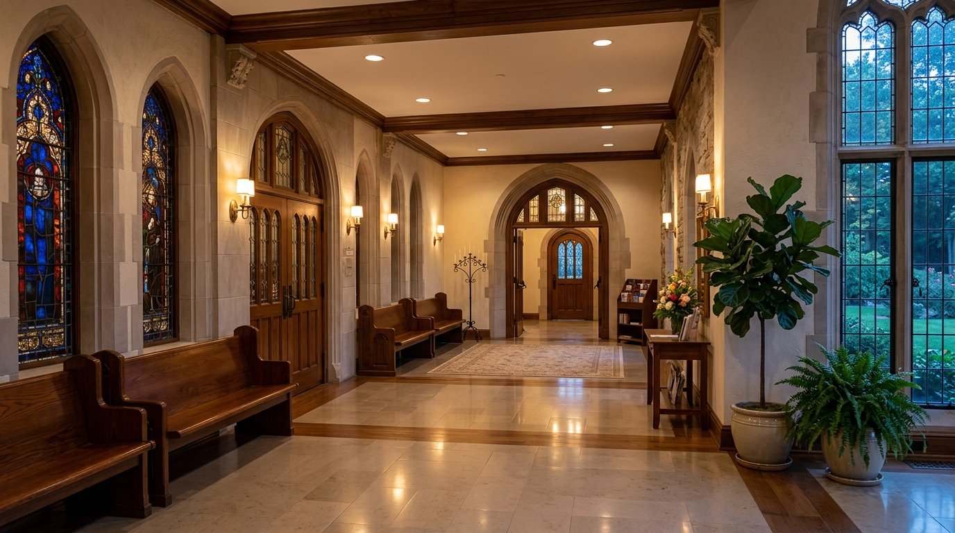 A church foyer and lobby area softly lit with warm ambient lighting, featuring wooden benches, plants, arched doorways, and stained glass windows.