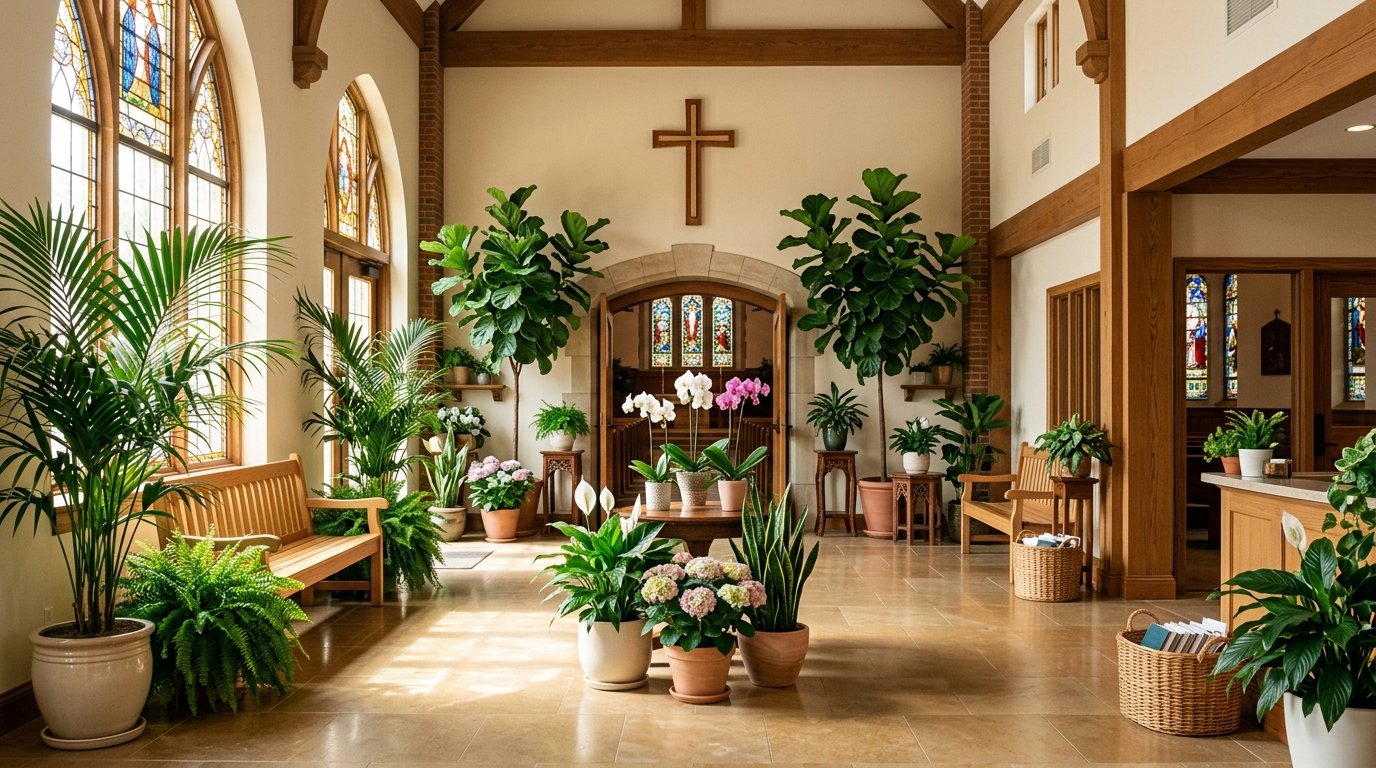 Church foyer with natural light and various green plants arranged around the entrance area, creating a welcoming atmosphere.
