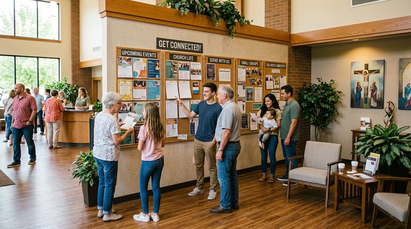 Church foyer with community boards filled with flyers and people interacting in a welcoming space.