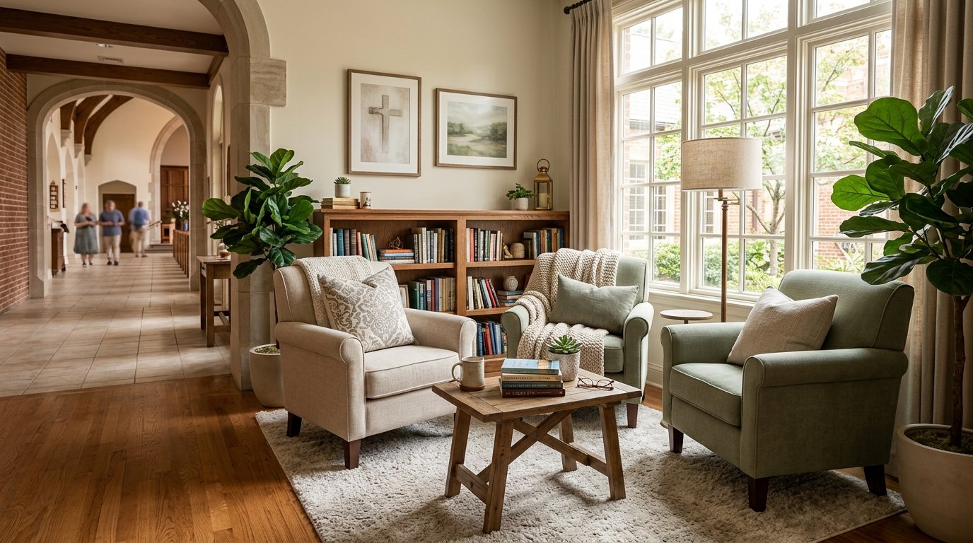 A church foyer with a cozy reading nook featuring armchairs, bookshelves, plants, and warm natural light.