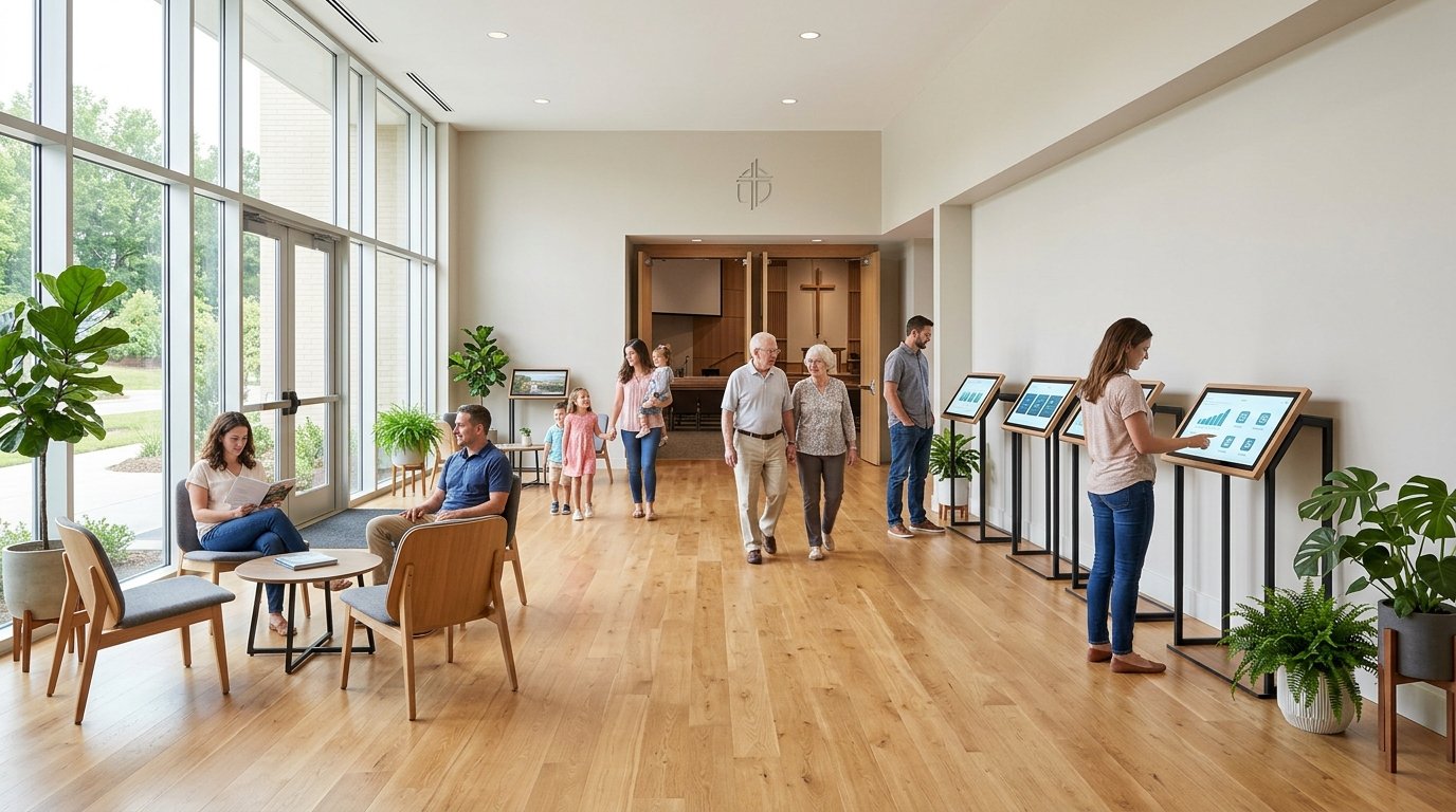 A church foyer with modern touch screen info kiosks, seating areas, plants, and people interacting in a bright, spacious lobby.