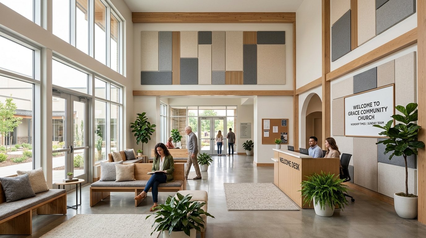 A church foyer with acoustic panels on the walls, seating areas, large windows, and plants.