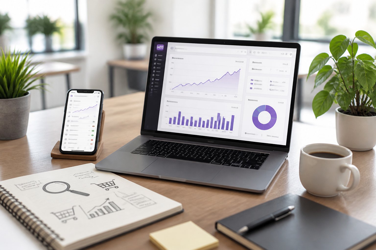 WooCommerce SEO: Optimierung für bessere Rankings Ein moderner Arbeitsplatz mit einem Laptop, der WooCommerce SEO-Daten anzeigt, umgeben von Notizbuch, Smartphone und Kaffeetasse in einem hellen Büro.