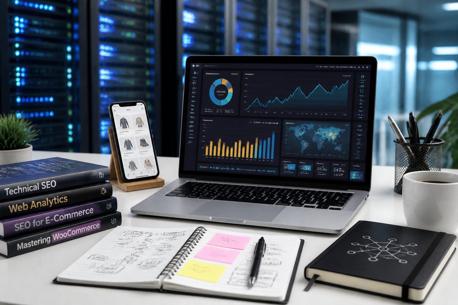 Ein moderner Arbeitsplatz mit einem Laptop, der Website-Analyse-Daten anzeigt, umgeben von Büchern, Smartphone und Notizen, die technische SEO-Grundlagen für WooCommerce darstellen.