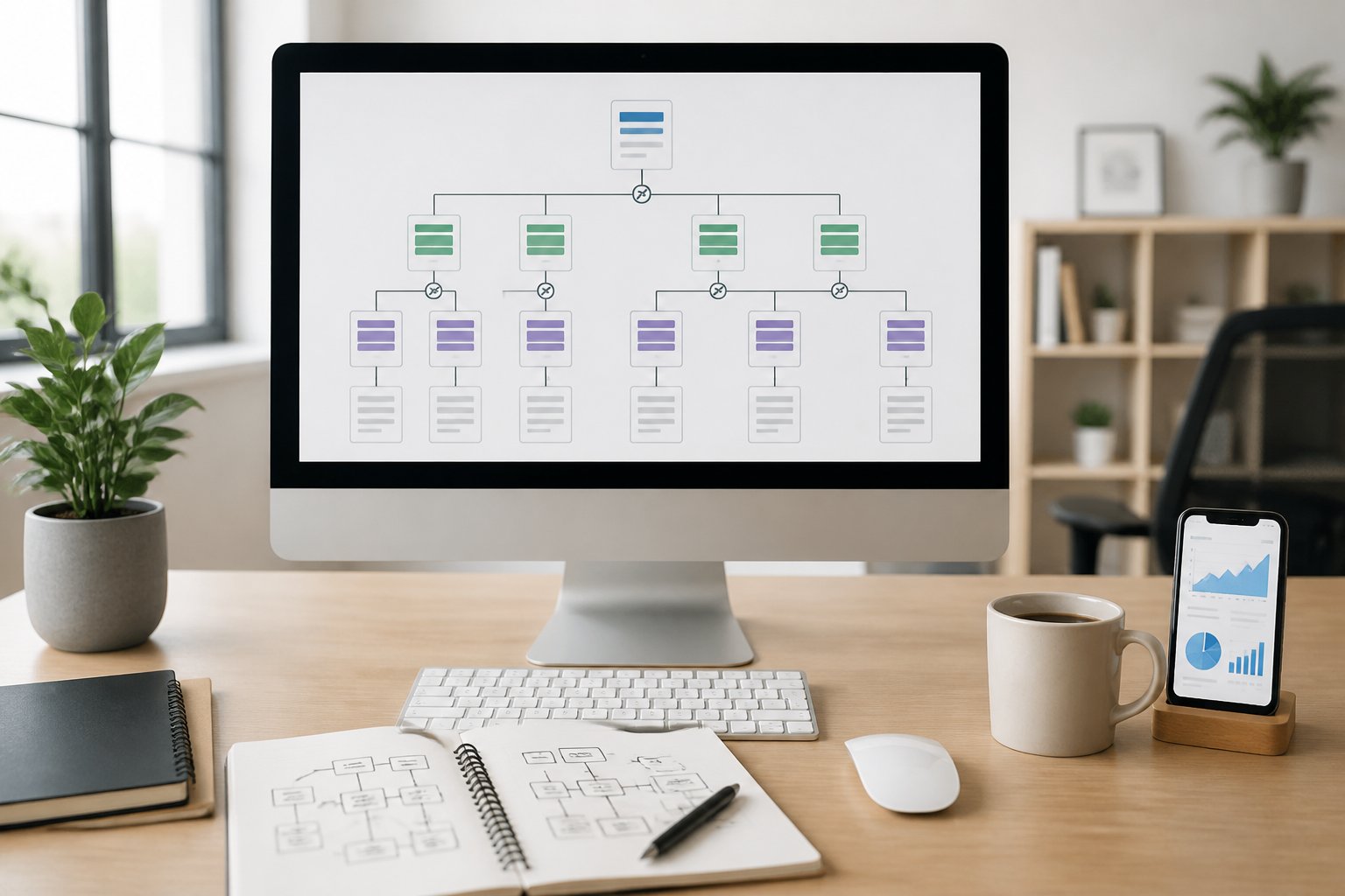 Ein moderner Arbeitsplatz mit Computerbildschirm, der eine strukturierte Website-Sitemap zeigt, umgeben von SEO-Notizen, einem Smartphone mit Diagrammen und einer Kaffeetasse.