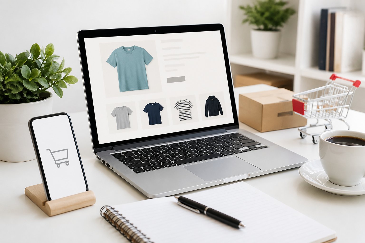 Ein moderner Arbeitsplatz mit einem Laptop, der eine Online-Shop-Oberfläche mit ähnlichen Produkten zeigt, umgeben von einem Smartphone, einem Notizblock und einer Kaffeetasse.