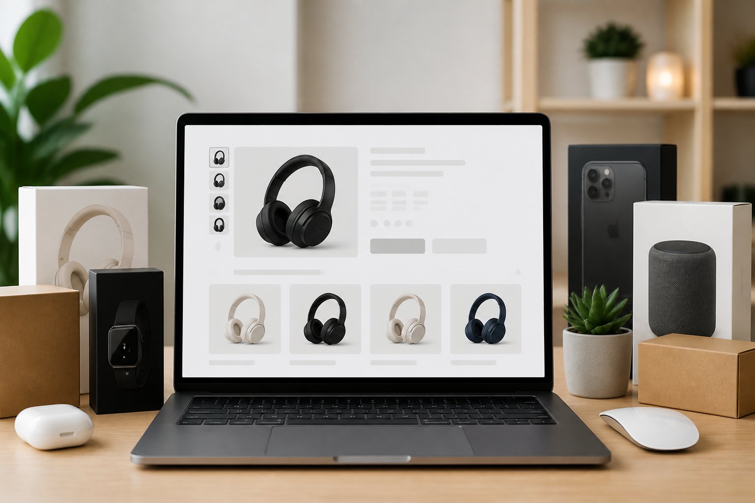 Ein moderner Arbeitsplatz mit einem Computerbildschirm, der eine Online-Shop-Seite mit empfohlenen ähnlichen Produkten zeigt, umgeben von verschiedenen Produktverpackungen.