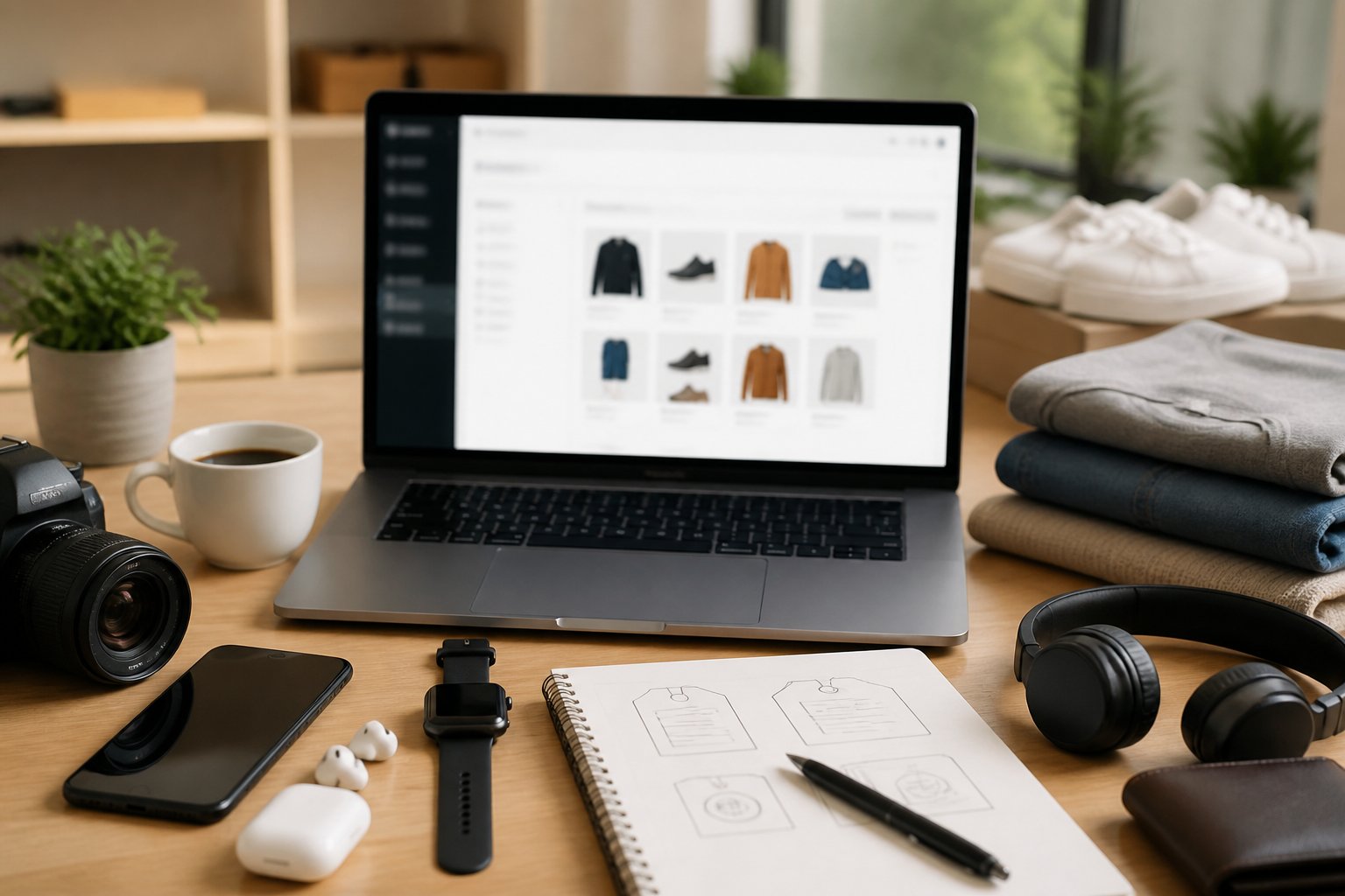 Ein moderner Schreibtisch mit einem Laptop, umgeben von verschiedenen Produktmustern und Büroutensilien, die eine E-Commerce-Arbeitsumgebung darstellen.