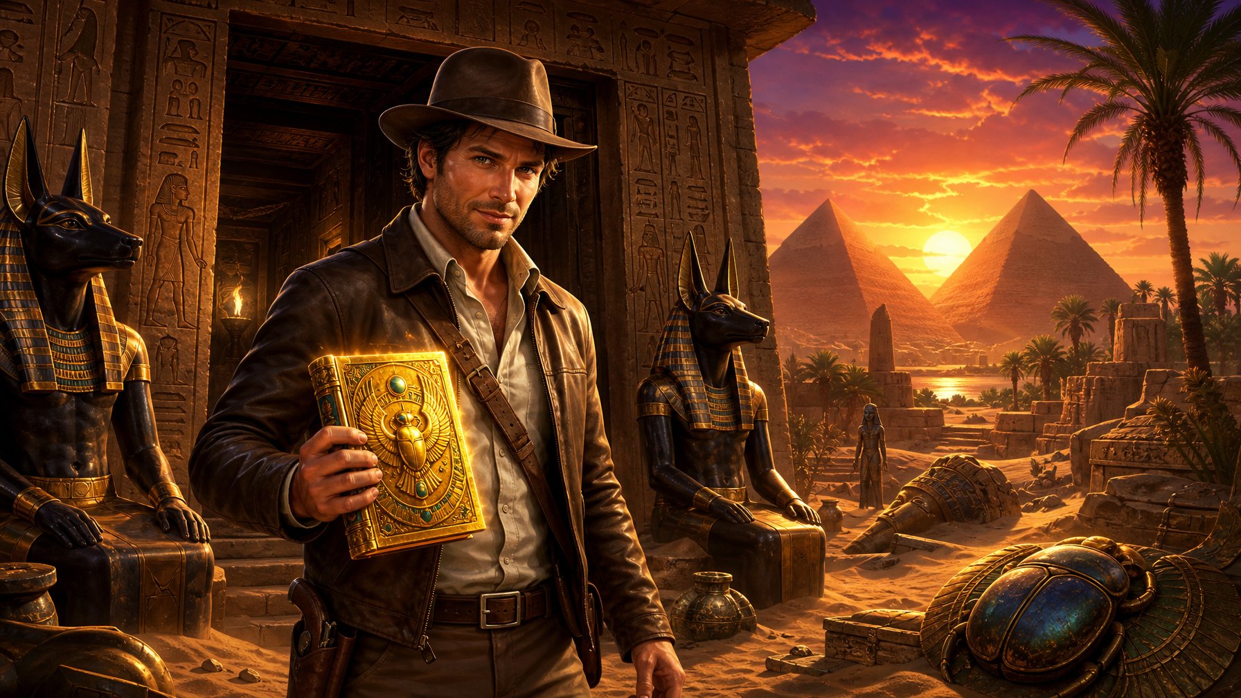 An Explorer Holding A Glowing Ancient Book Stands Before An Egyptian Tomb Entrance Surrounded By Hieroglyphics, Statues, And Desert Scenery At Sunset.