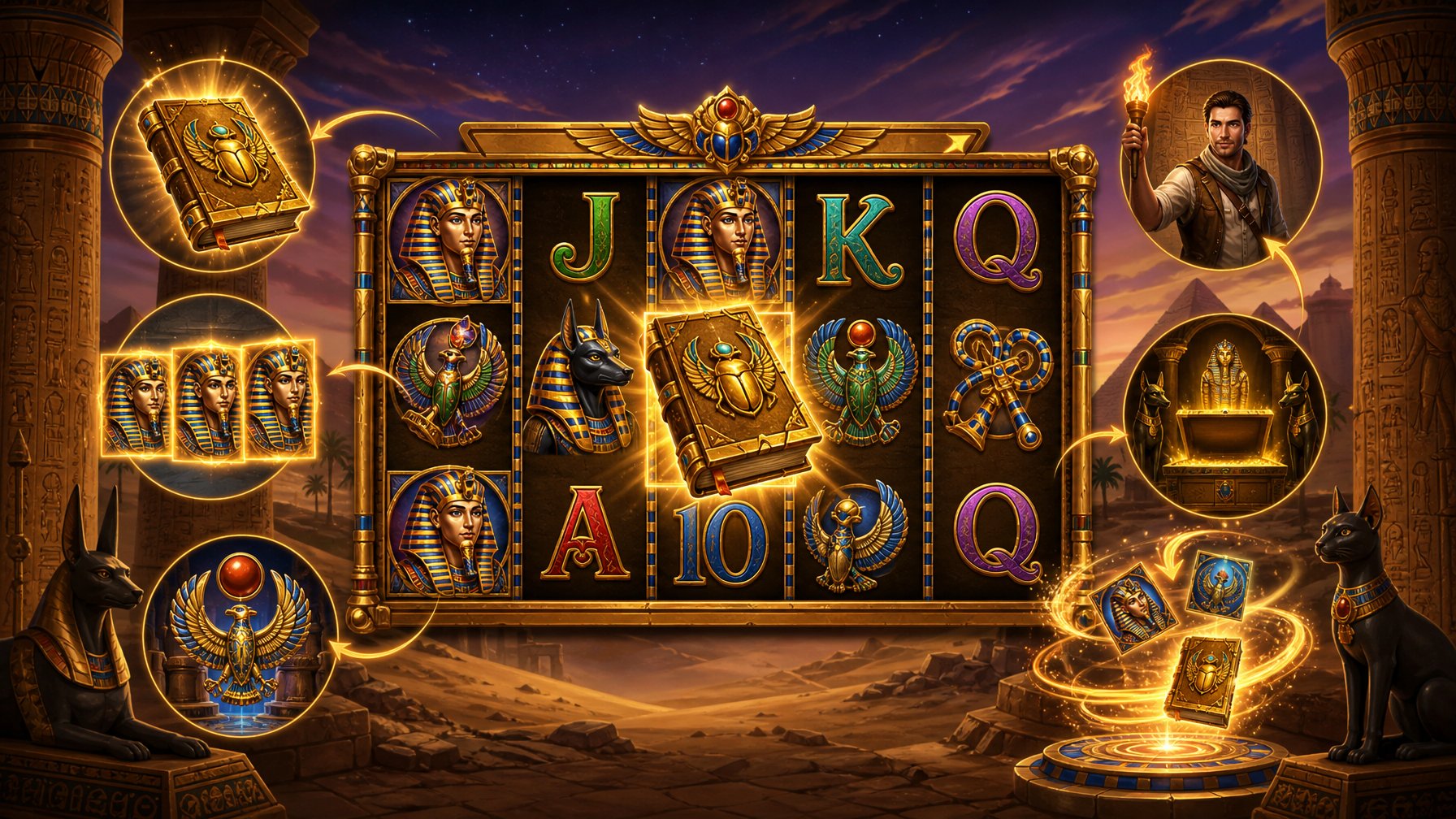 An Ancient EgyptianThemed Slot Machine With Symbols Like A Book, Pharaoh, And Scarab, Surrounded By Glowing Effects Representing Game Features, Set Against A Desert Background With Hieroglyphics.