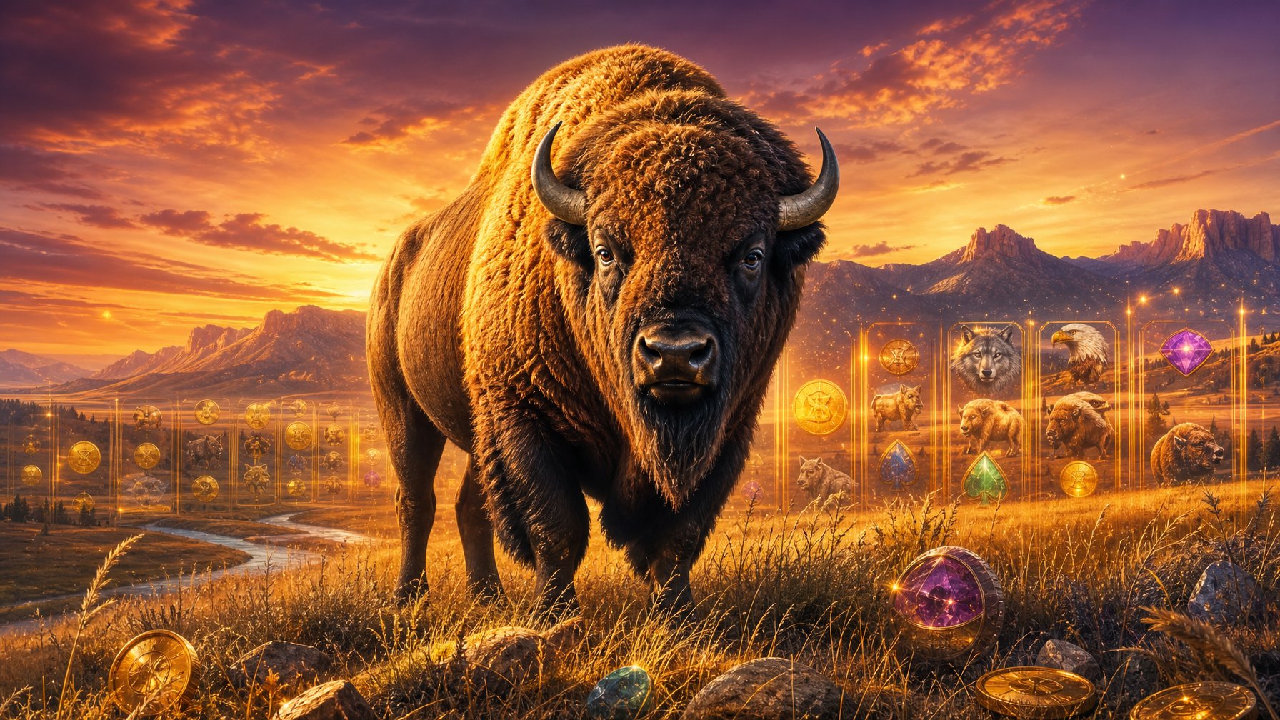 A Majestic Buffalo Standing In An Open Prairie With Mountains In The Distance Under A Colorful Sunset Sky, With Subtle Slot Game Elements Blended Into The Landscape.