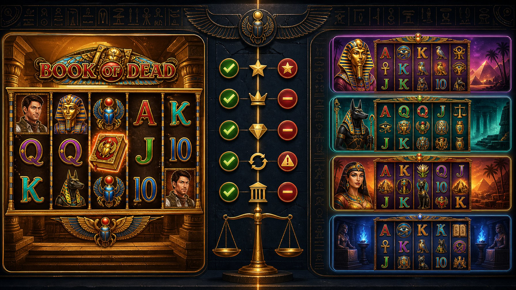 An Illustration Showing A Comparison Between The Book Of Dead Slot And Other Slot Games, With EgyptianThemed Symbols On One Side And Various Colorful Slot Machines On The Other, Separated By Icons Representing Advantages And Disadvantages.