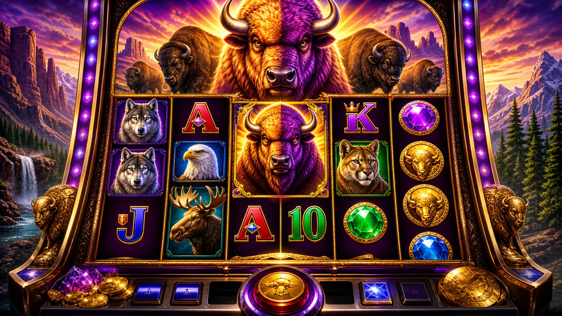 A Colorful Casino Slot Machine Themed With A Buffalo And Wild Animals, Set Against A Mountainous Natural Landscape.