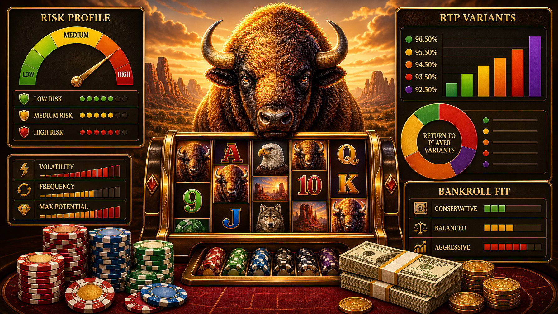 An Illustration Showing A Buffalo Surrounded By A Slot Machine, Charts, And Casino Chips Representing Gambling Risk, Payout Rates, And Bankroll Management.