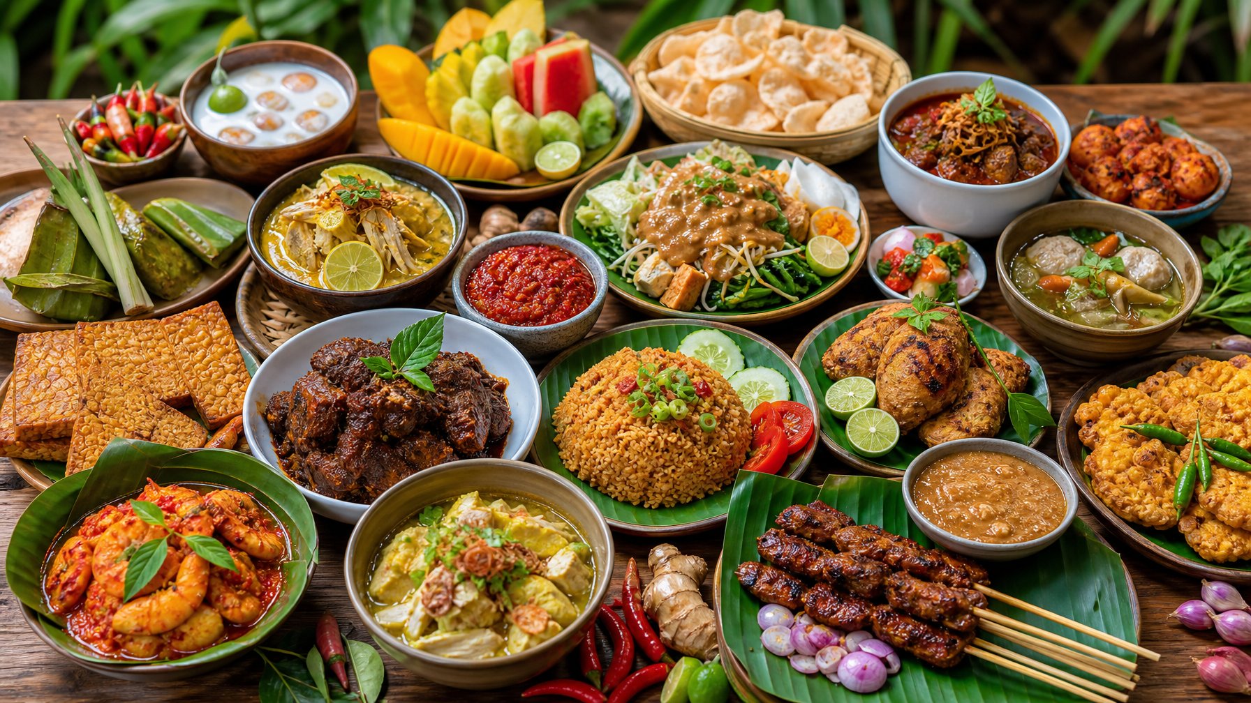 Berbagai hidangan Indonesia yang menggugah selera tersaji di atas meja kayu besar, menampilkan aneka makanan tradisional dengan warna dan tekstur yang menarik.