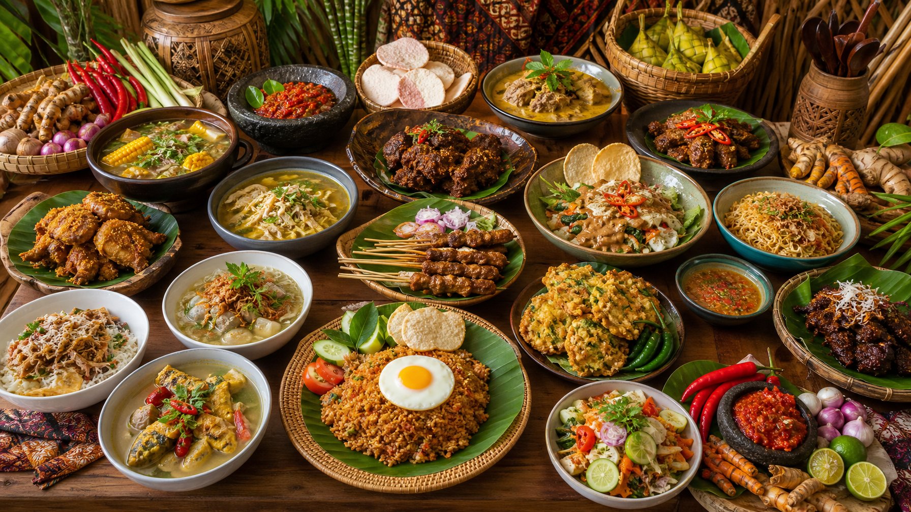 Berbagai hidangan khas Indonesia yang disajikan secara beragam di atas meja kayu dengan latar belakang elemen tradisional.
