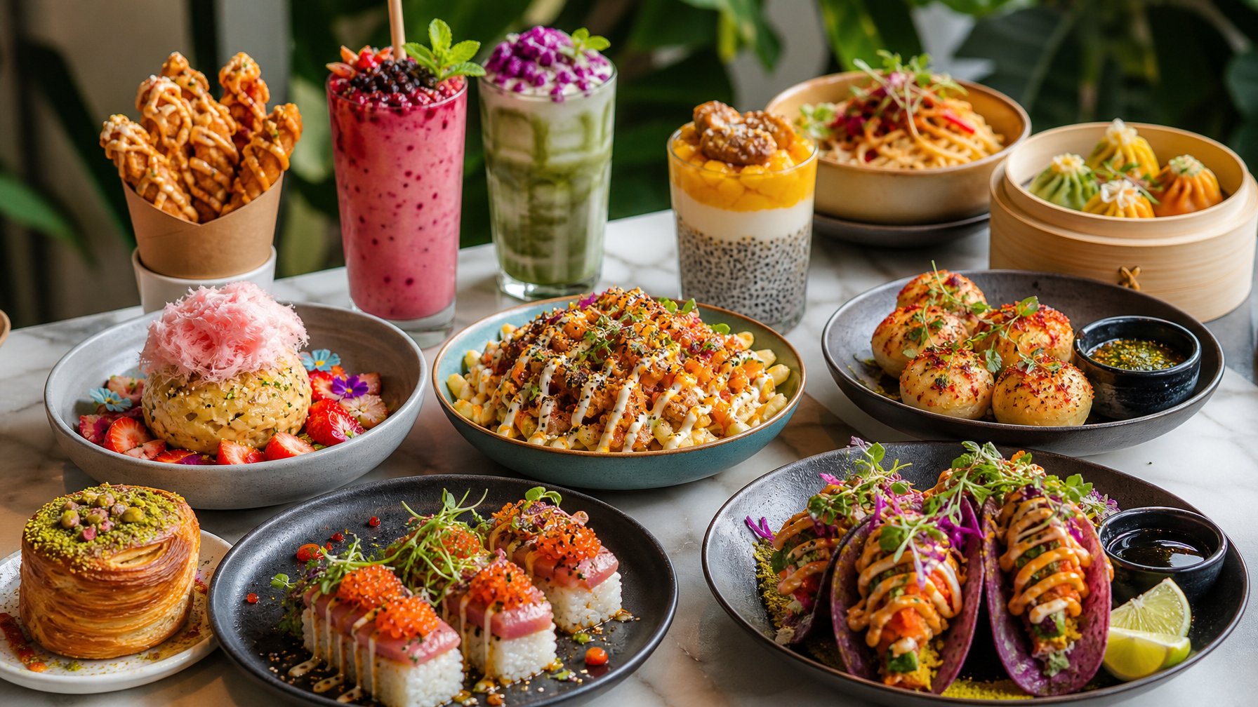 Berbagai makanan viral terbaru tahun 2026 tersaji di atas meja dengan warna-warni yang menarik dan tampilan menggugah selera.