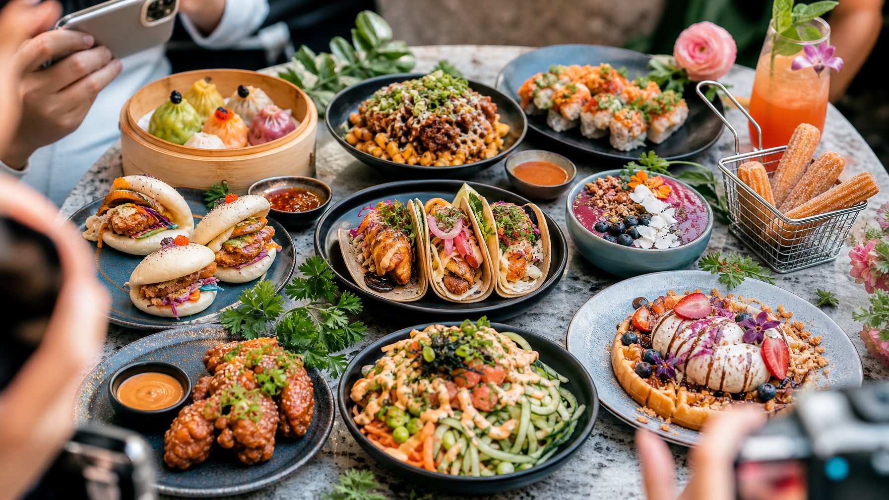 Meja makan dengan berbagai makanan viral populer tahun 2026 yang disajikan secara menarik.