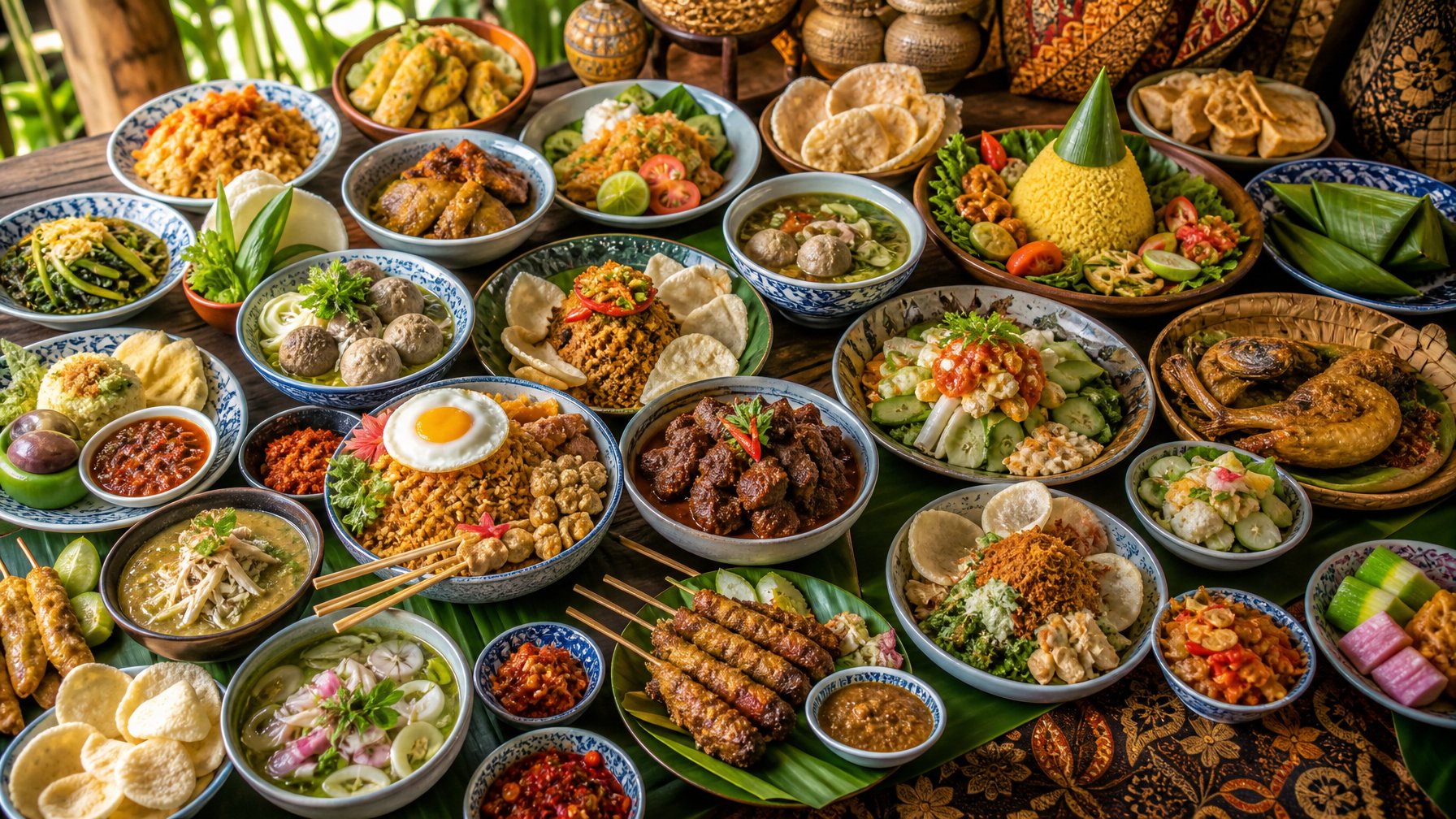 Berbagai hidangan khas Indonesia yang disajikan di atas meja kayu dengan daun pisang sebagai alas, menampilkan warna dan tekstur makanan tradisional yang beragam.