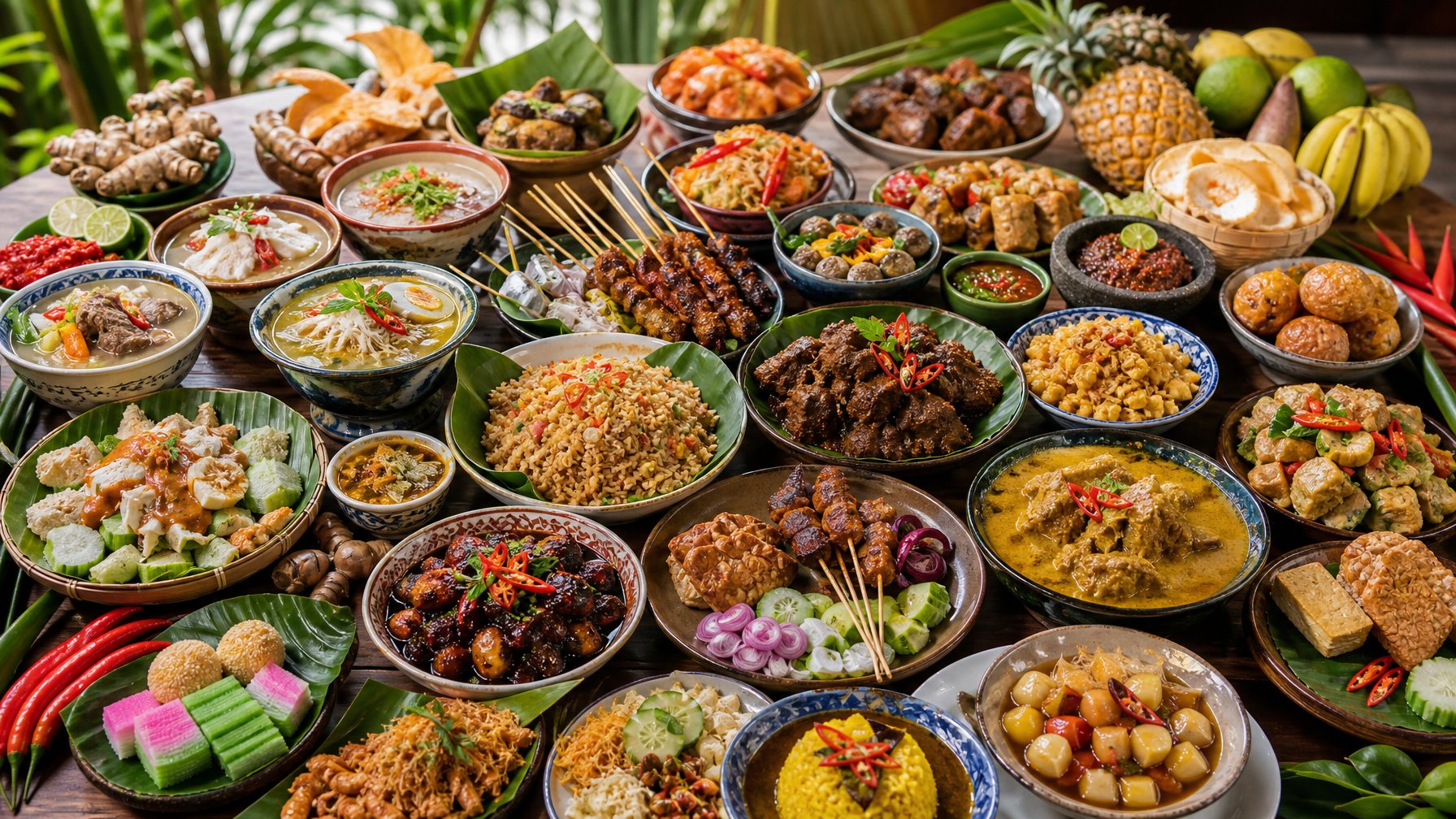 Berbagai makanan khas Indonesia yang disajikan di atas meja kayu dengan tampilan yang menggugah selera.