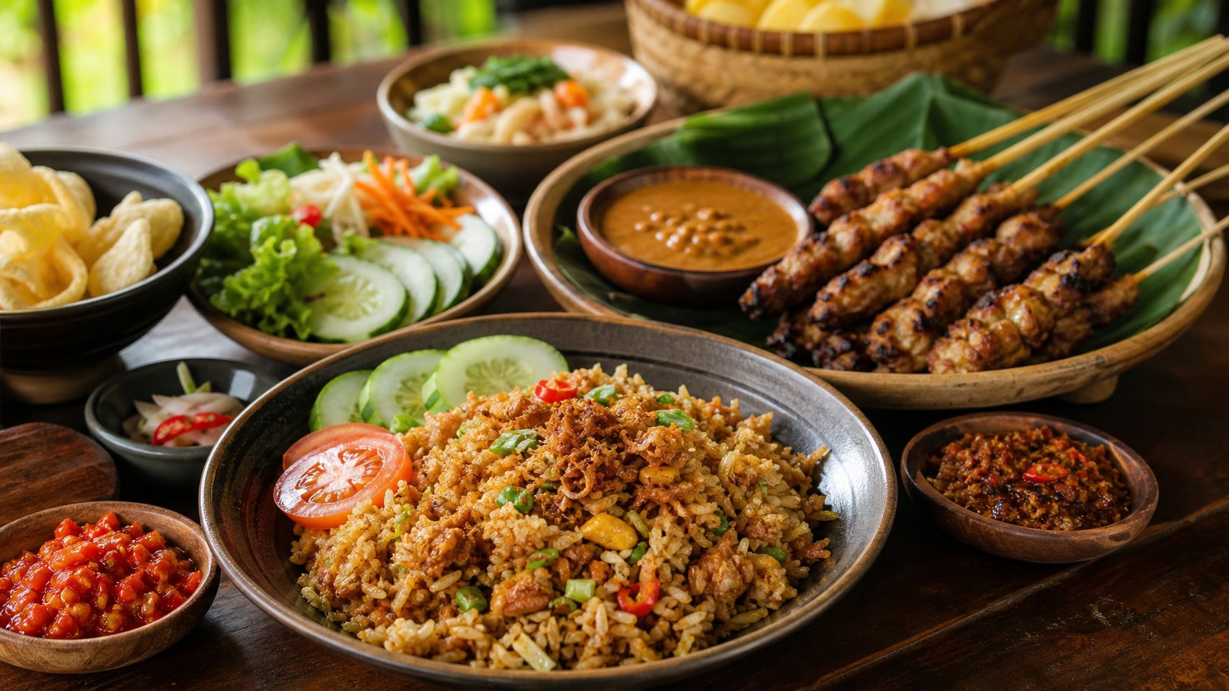 Berbagai hidangan makanan Indonesia yang menggugah selera tersaji di atas meja kayu dengan pencahayaan alami.