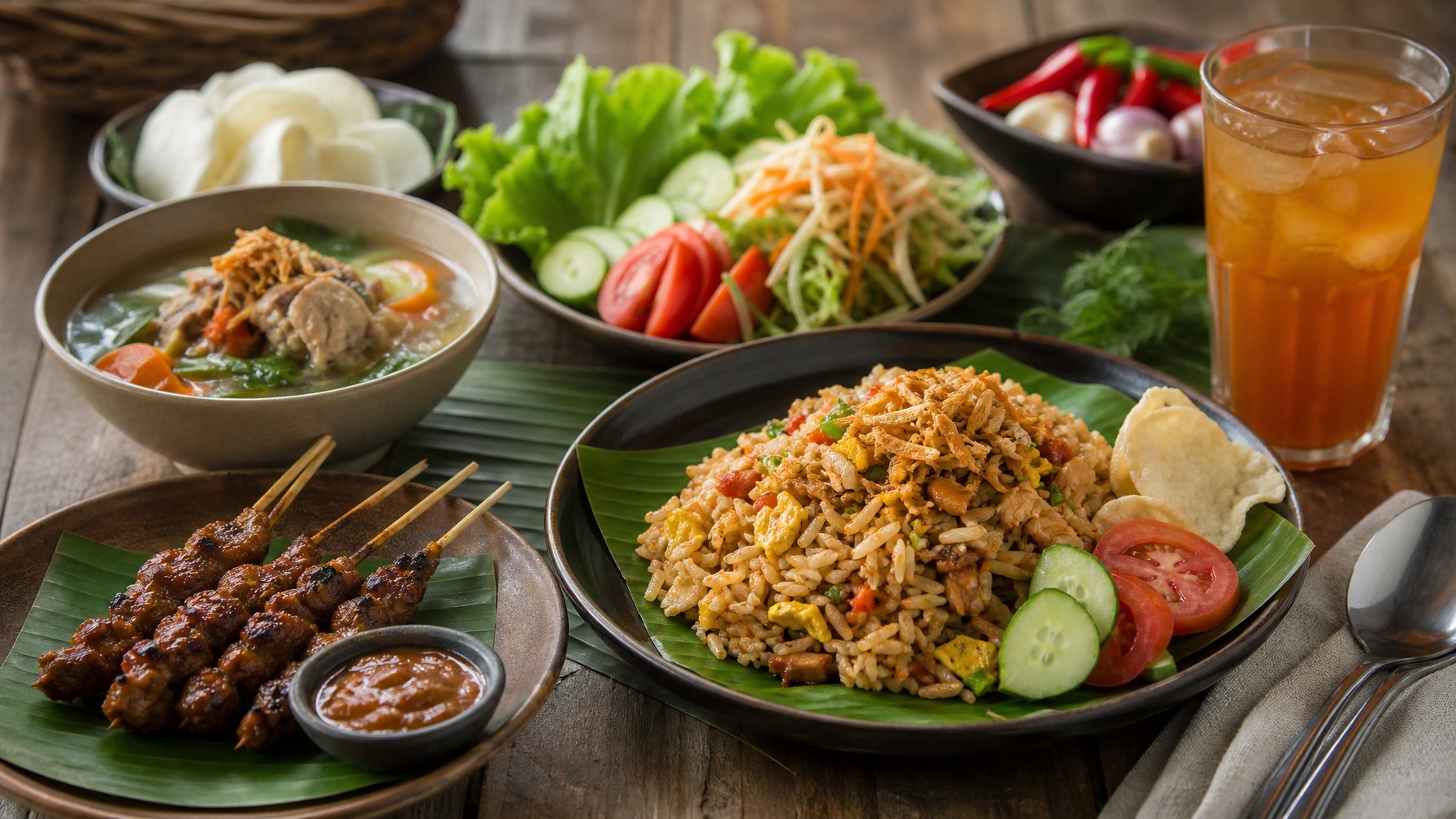 Piring-piring berisi berbagai makanan Indonesia yang lezat dan terjangkau di atas meja kayu.