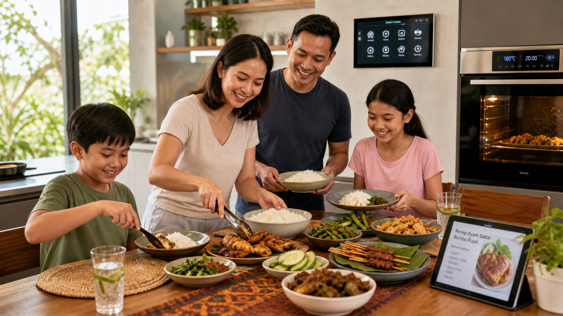 Keluarga sedang memasak dan menikmati berbagai hidangan lezat di dapur rumah mereka.