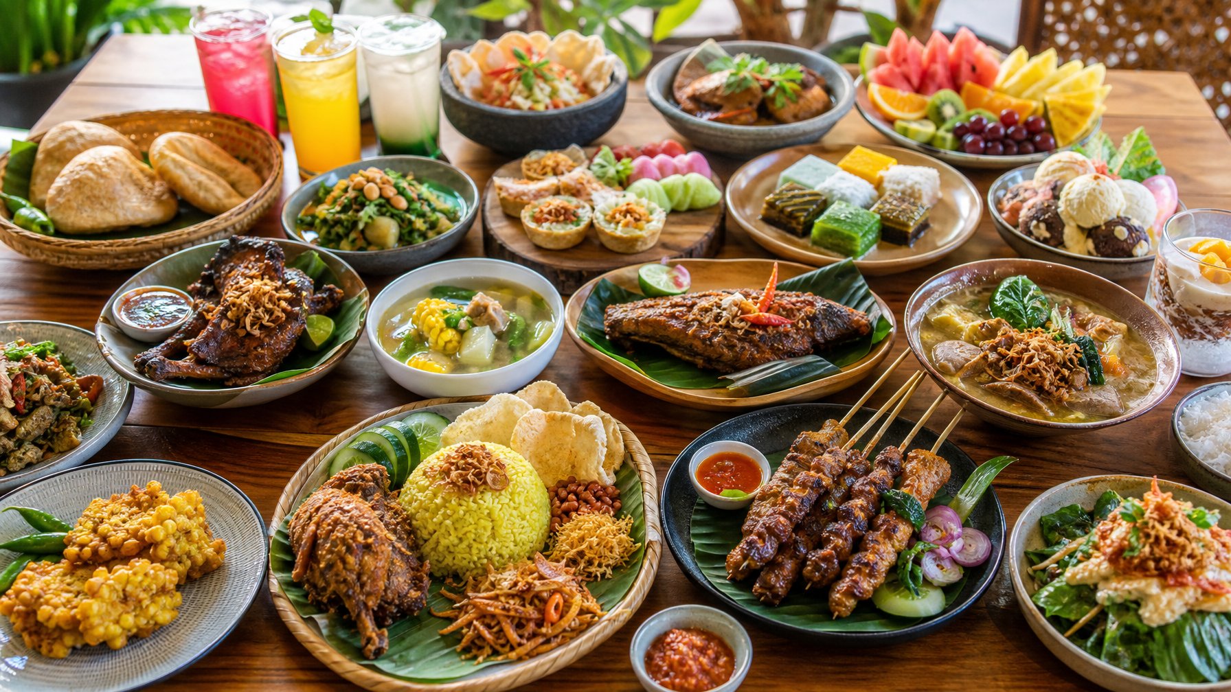 Berbagai makanan enak dan kekinian disajikan di atas meja kayu, cocok untuk semua usia.
