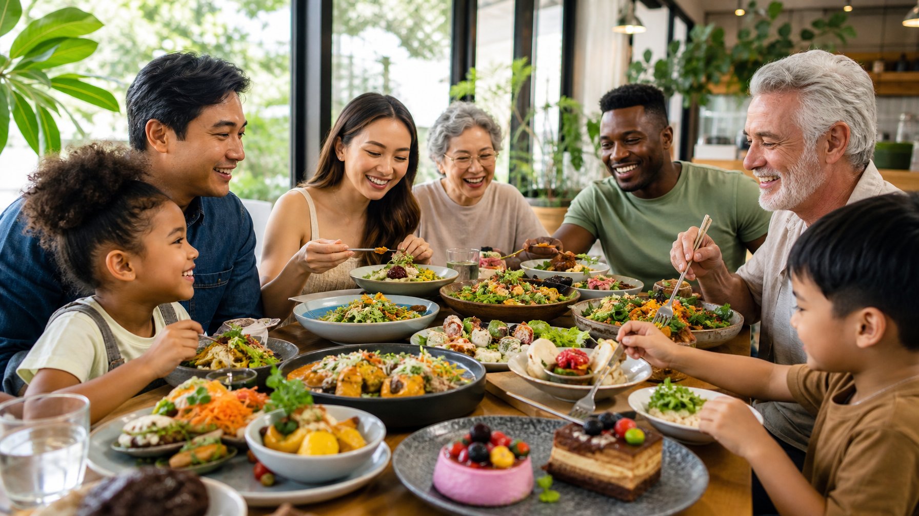 Beberapa orang dari berbagai usia sedang menikmati berbagai makanan kekinian di sebuah meja makan yang terang dan modern.