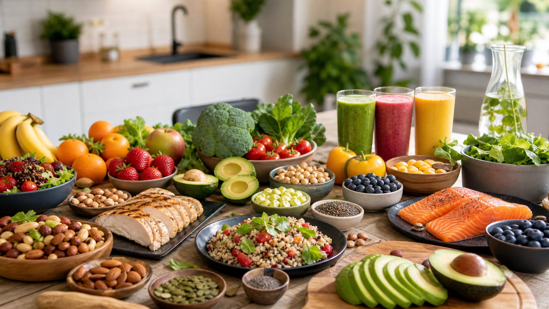 Meja yang rapi dengan berbagai makanan sehat seperti buah segar, sayuran berwarna-warni, protein tanpa lemak, dan smoothie dalam gelas, di dapur modern yang terang.