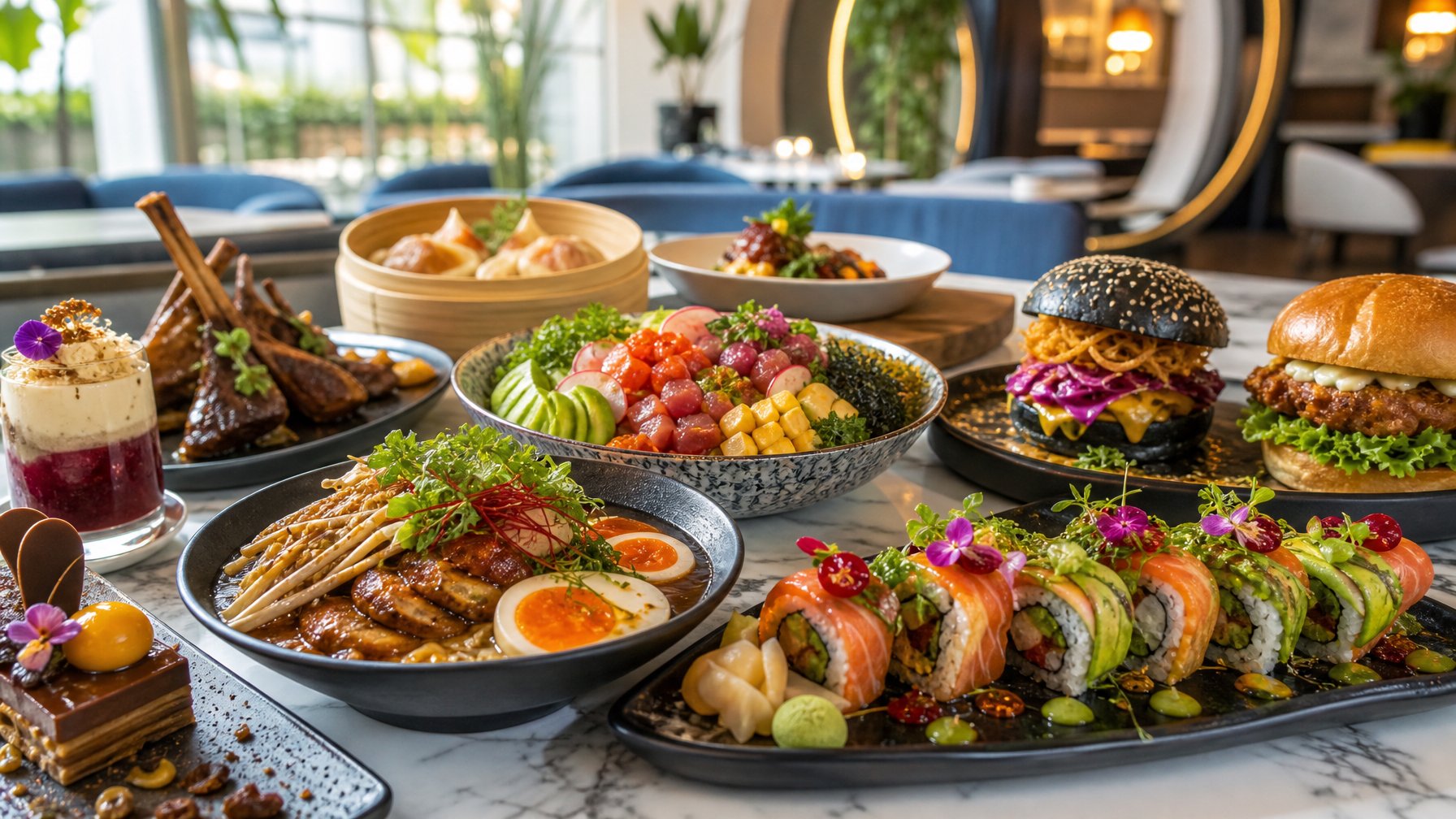 Meja makan dengan berbagai hidangan populer dan menarik yang diperkirakan menjadi favorit pada tahun 2026, menampilkan makanan berwarna-warni dan beragam dalam suasana restoran modern.