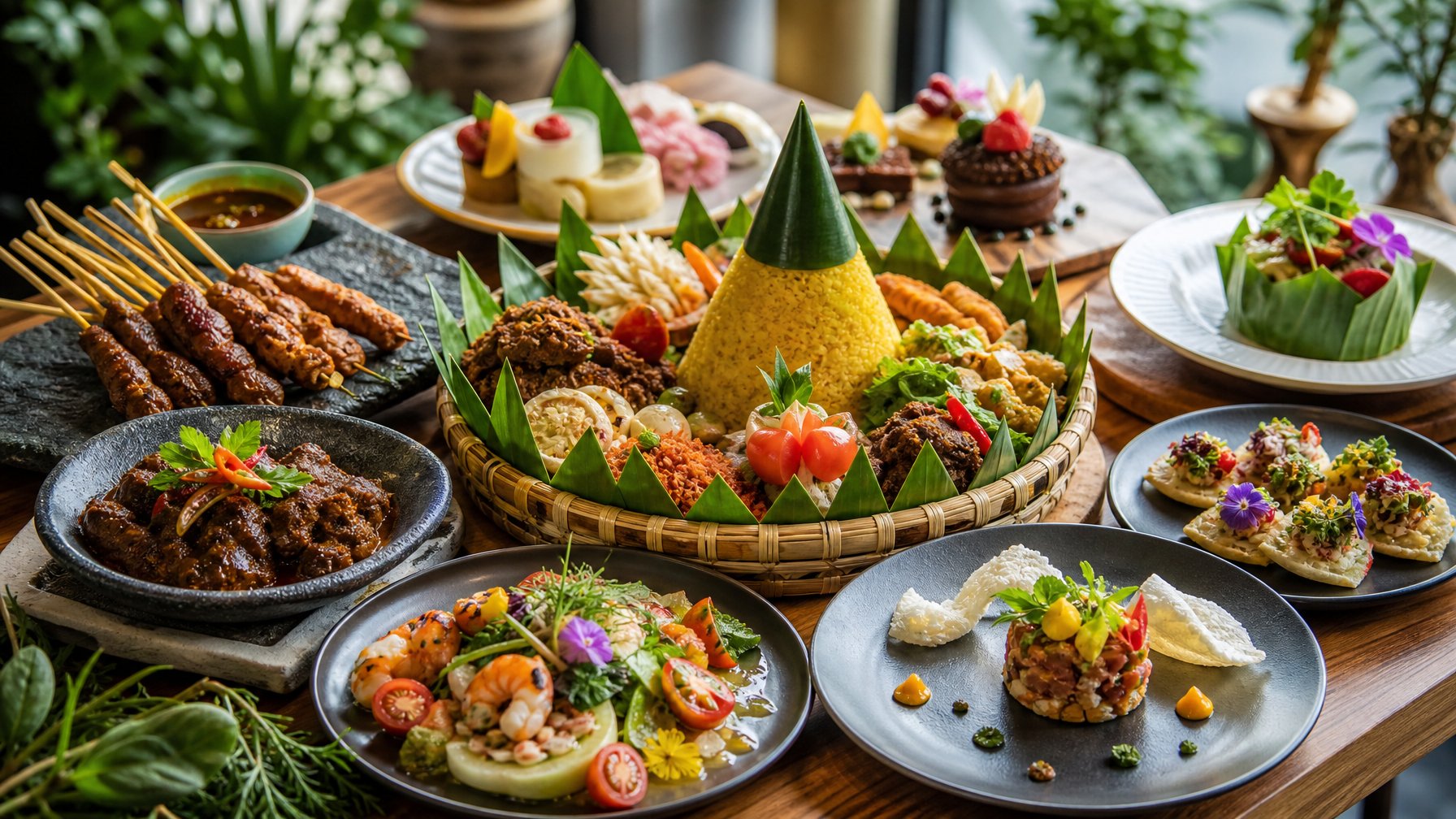 Meja dengan berbagai hidangan makanan tradisional dan modern yang berwarna-warni dan menggugah selera.