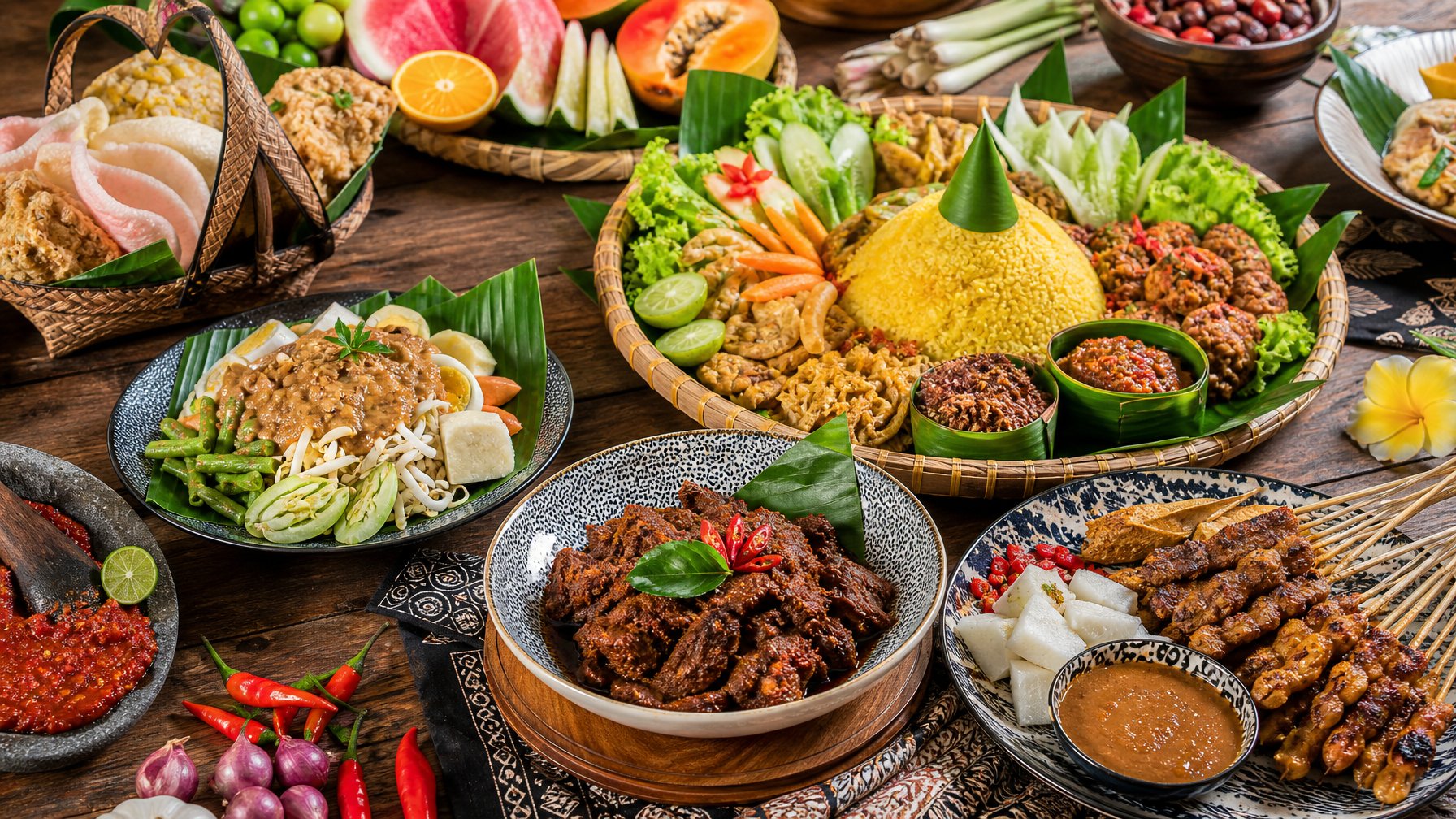 Berbagai hidangan tradisional Indonesia yang berwarna-warni tersaji di atas meja kayu dengan piring dan peralatan makan khas Nusantara.