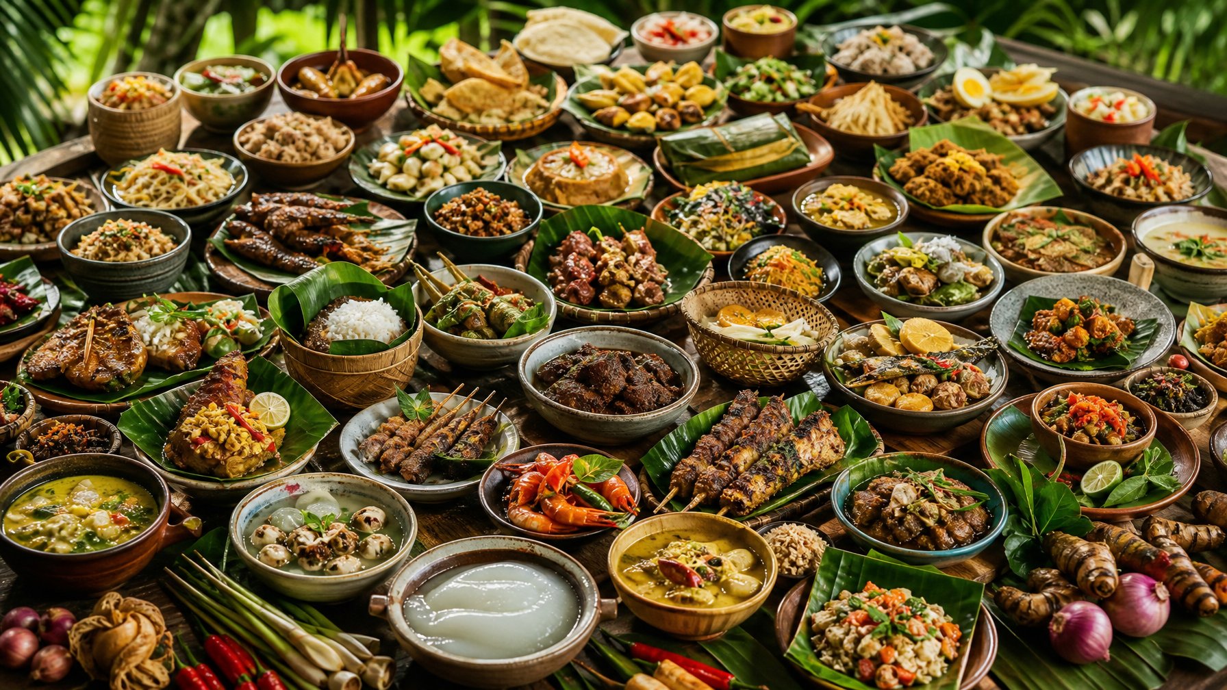 Berbagai hidangan tradisional Indonesia yang berwarna-warni tersaji di atas meja kayu dengan hiasan daun tropis dan rempah-rempah.