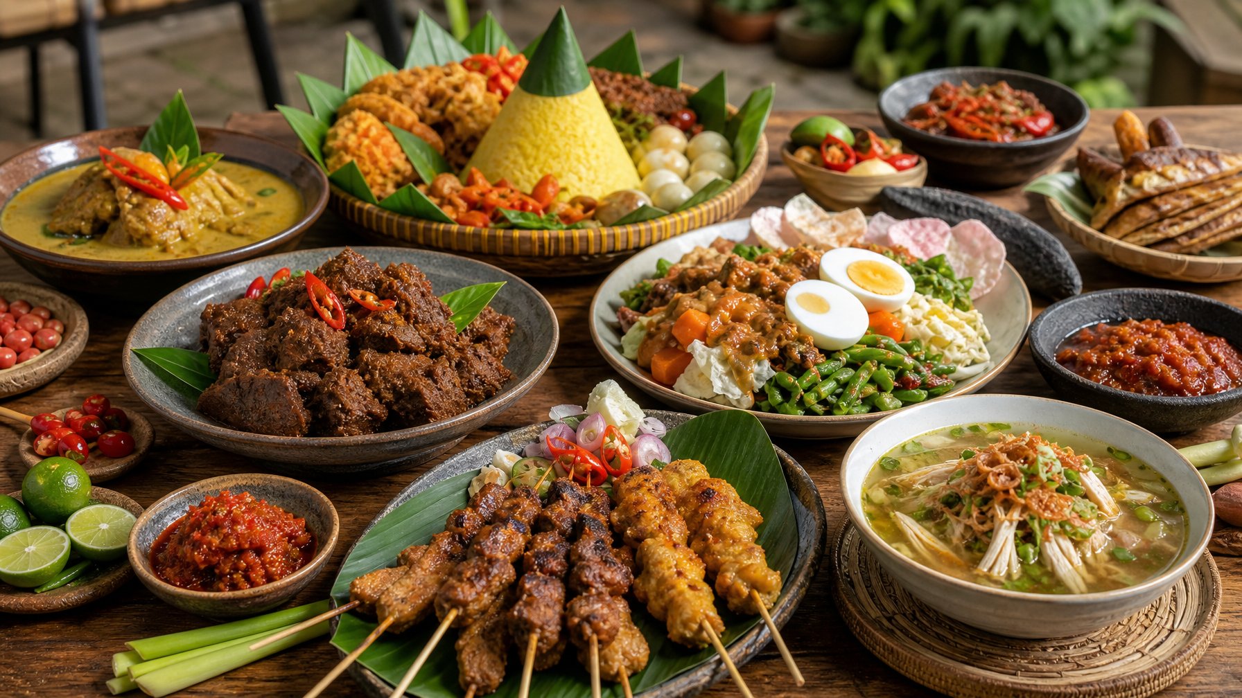 Berbagai hidangan tradisional Indonesia yang berwarna-warni tersaji di atas meja kayu, menampilkan masakan khas dari berbagai daerah.