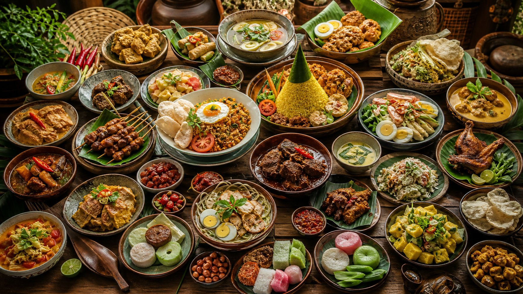 Berbagai hidangan khas Indonesia yang berwarna-warni tersaji di atas meja kayu, menampilkan makanan tradisional yang beragam dan menggugah selera.