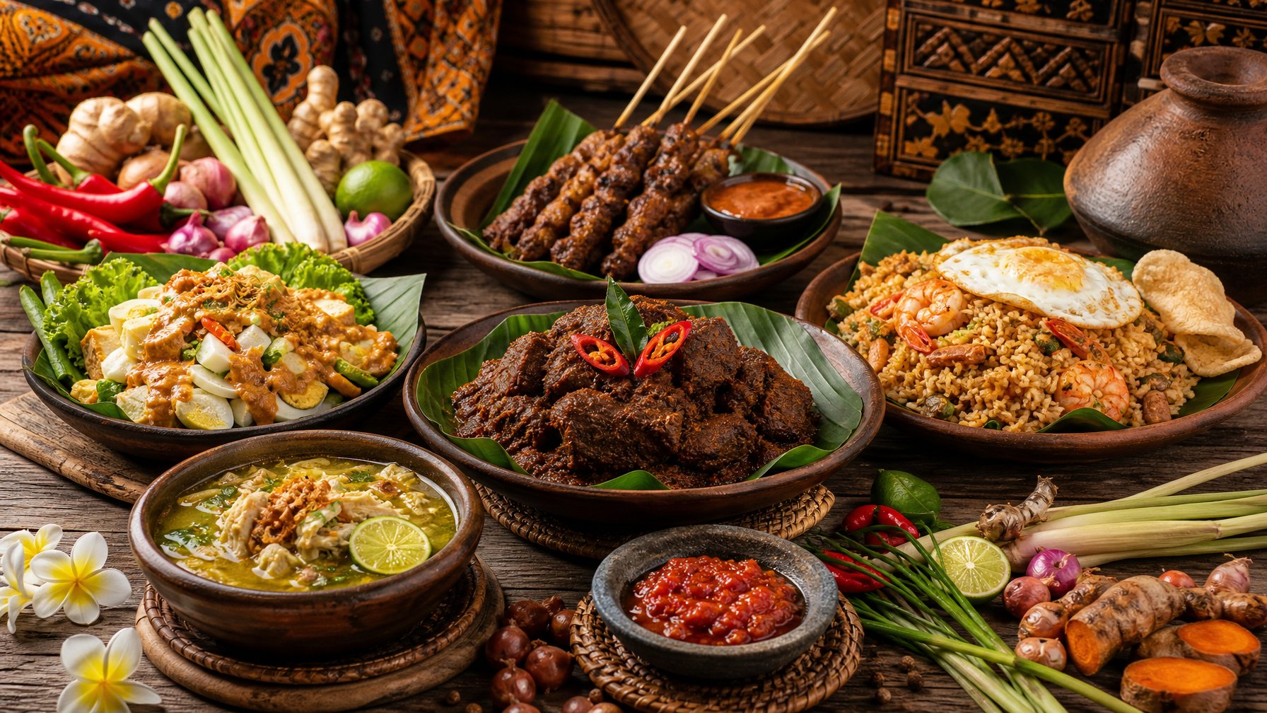 Berbagai hidangan tradisional Indonesia tersaji di atas meja kayu dengan piring dan daun pisang, menampilkan makanan seperti rendang, nasi goreng, dan sate.