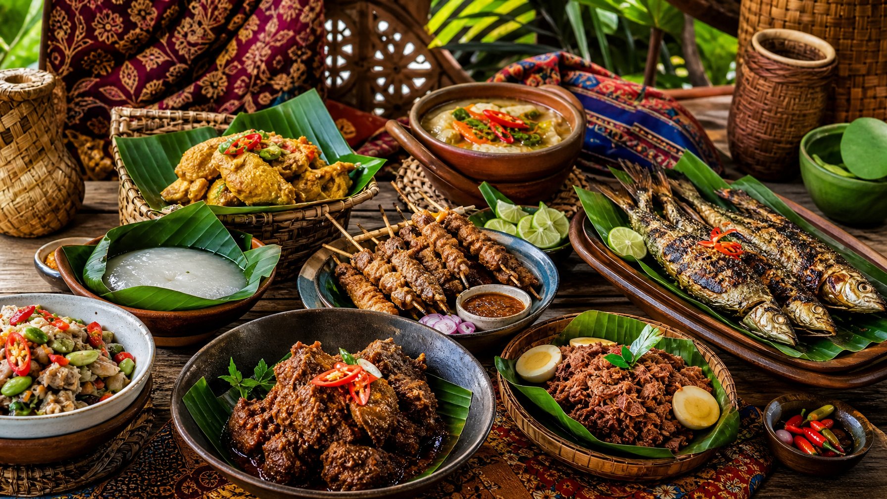 Berbagai hidangan tradisional Indonesia yang berwarna-warni tersaji di atas meja kayu dengan latar belakang kain batik dan dedaunan tropis.