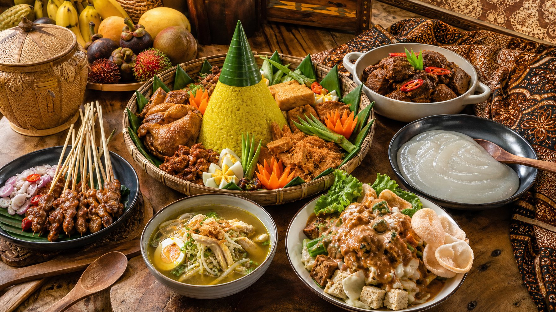 Berbagai hidangan tradisional Indonesia yang berwarna-warni tersaji di atas meja kayu dengan latar belakang keranjang anyaman dan kain batik.