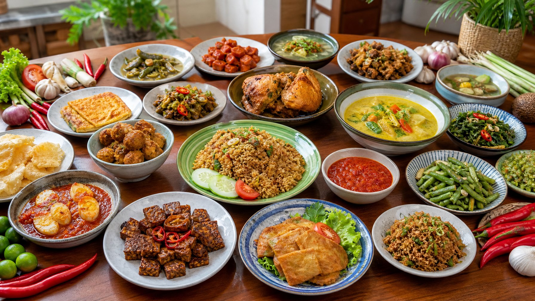 Berbagai jenis masakan rumahan Indonesia yang mudah dibuat tersaji di atas meja makan kayu dengan latar belakang dapur yang sederhana dan terang.