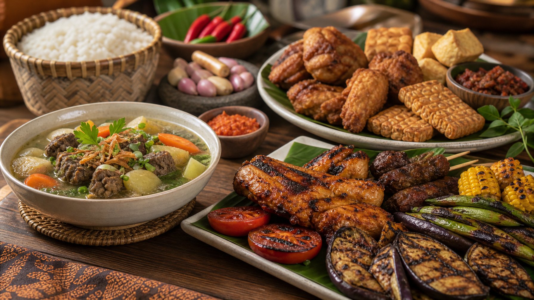 Tiga jenis masakan Indonesia: sup berkuah, makanan goreng renyah, dan hidangan bakar berwarna kecokelatan di atas meja kayu.