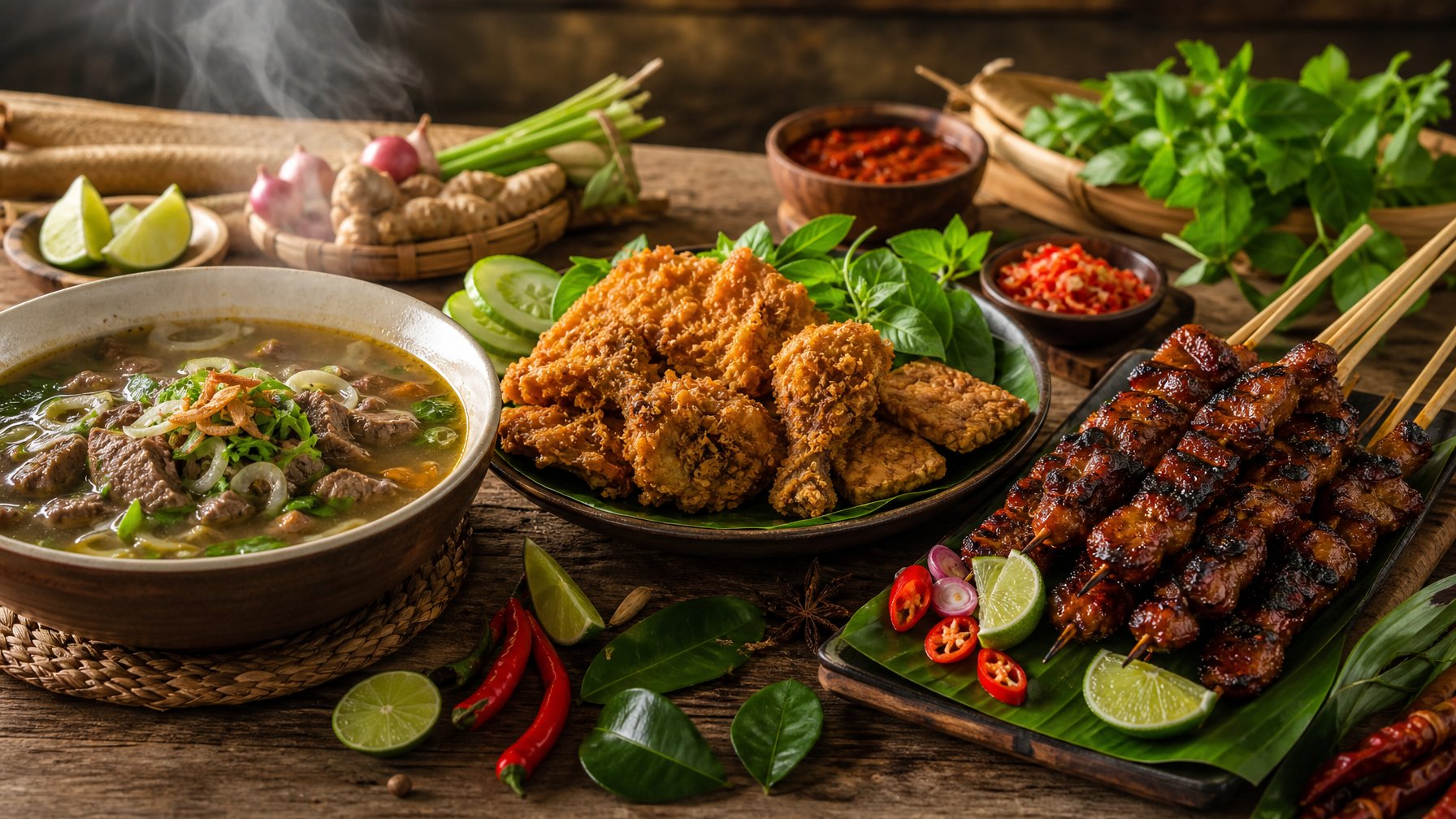 Berbagai jenis masakan Indonesia yang berkuah, goreng, dan bakar tersaji di atas meja kayu dengan tampilan menggugah selera.