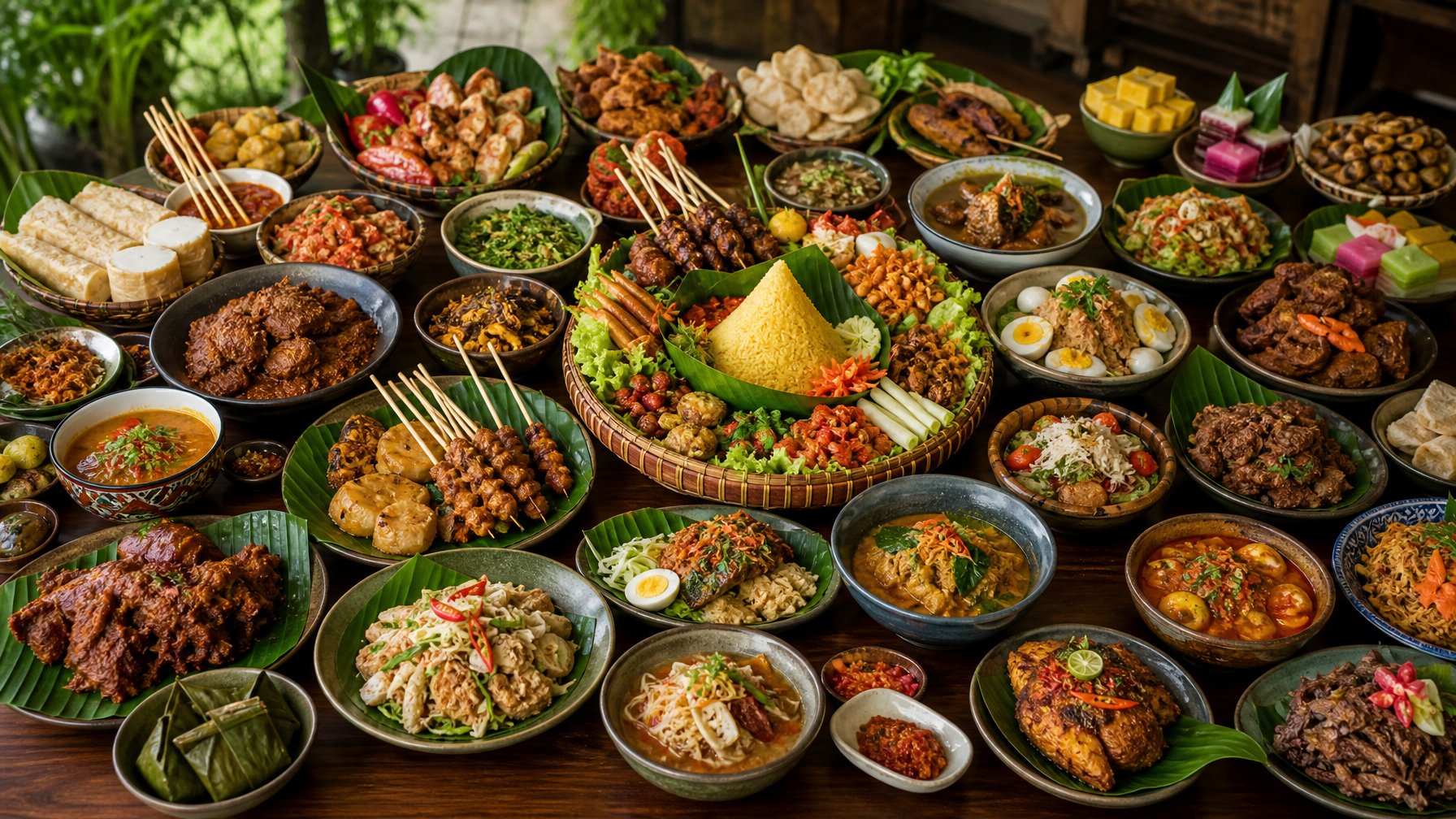 Berbagai hidangan khas daerah Indonesia tersaji di atas meja kayu besar, menampilkan warna dan tekstur makanan yang beragam.
